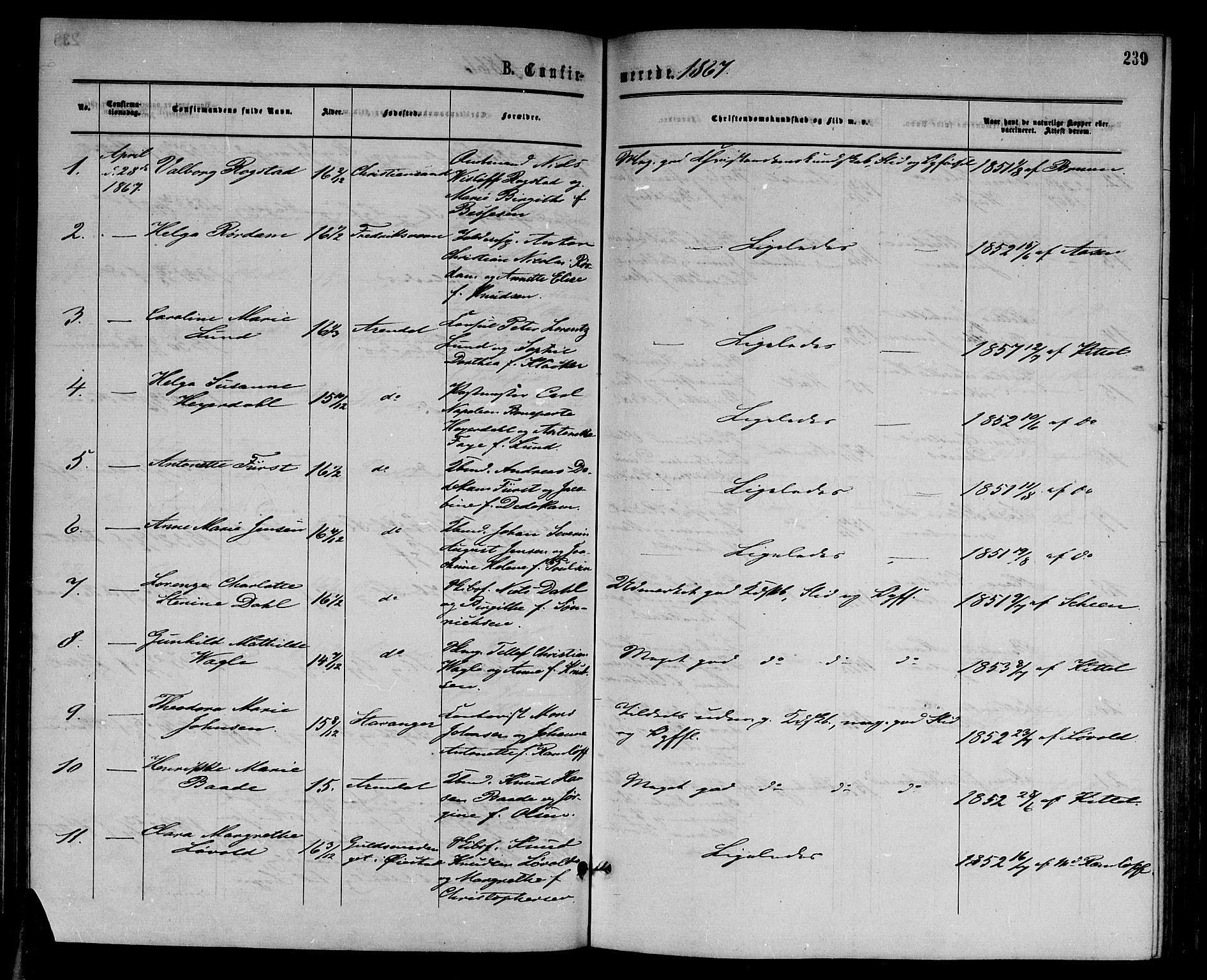 Arendal sokneprestkontor, Trefoldighet, AV/SAK-1111-0040/F/Fb/L0004: Parish register (copy) no. B 4, 1861-1873, p. 239