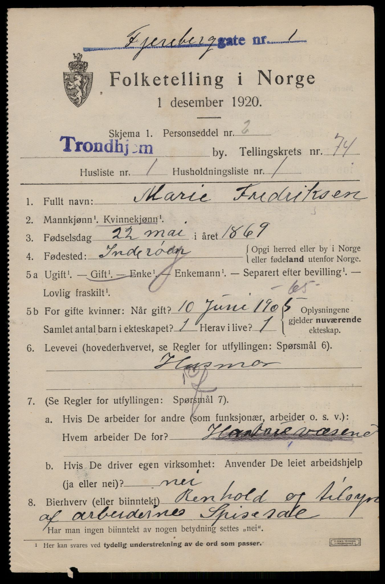 SAT, 1920 census for Trondheim, 1920, p. 143778