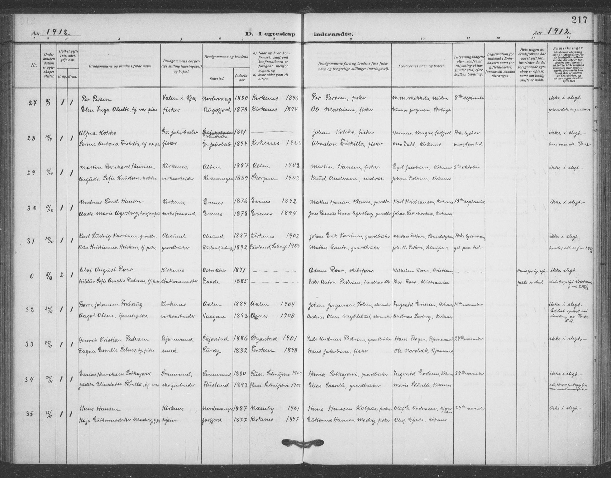 Sør-Varanger sokneprestkontor, AV/SATØ-S-1331/H/Ha/L0005kirke: Parish register (official) no. 5, 1909-1919, p. 217