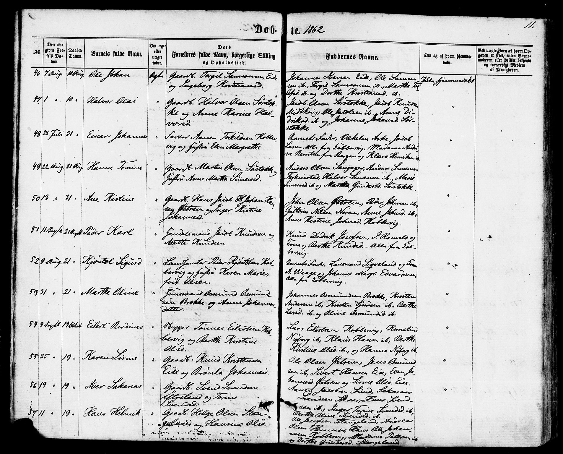 Avaldsnes sokneprestkontor, SAST/A -101851/H/Ha/Haa/L0011: Parish register (official) no. A 11, 1861-1880, p. 11