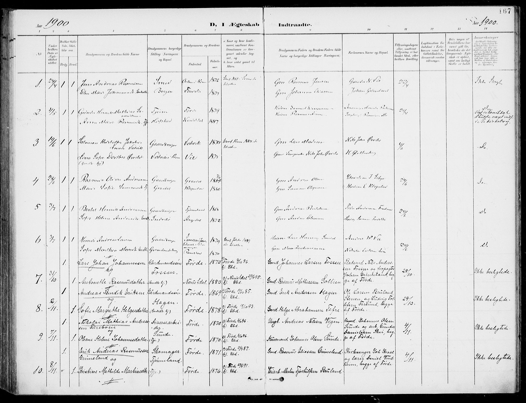 Førde sokneprestembete, SAB/A-79901/H/Haa/Haab/L0002: Parish register (official) no. B  2, 1899-1920, p. 167