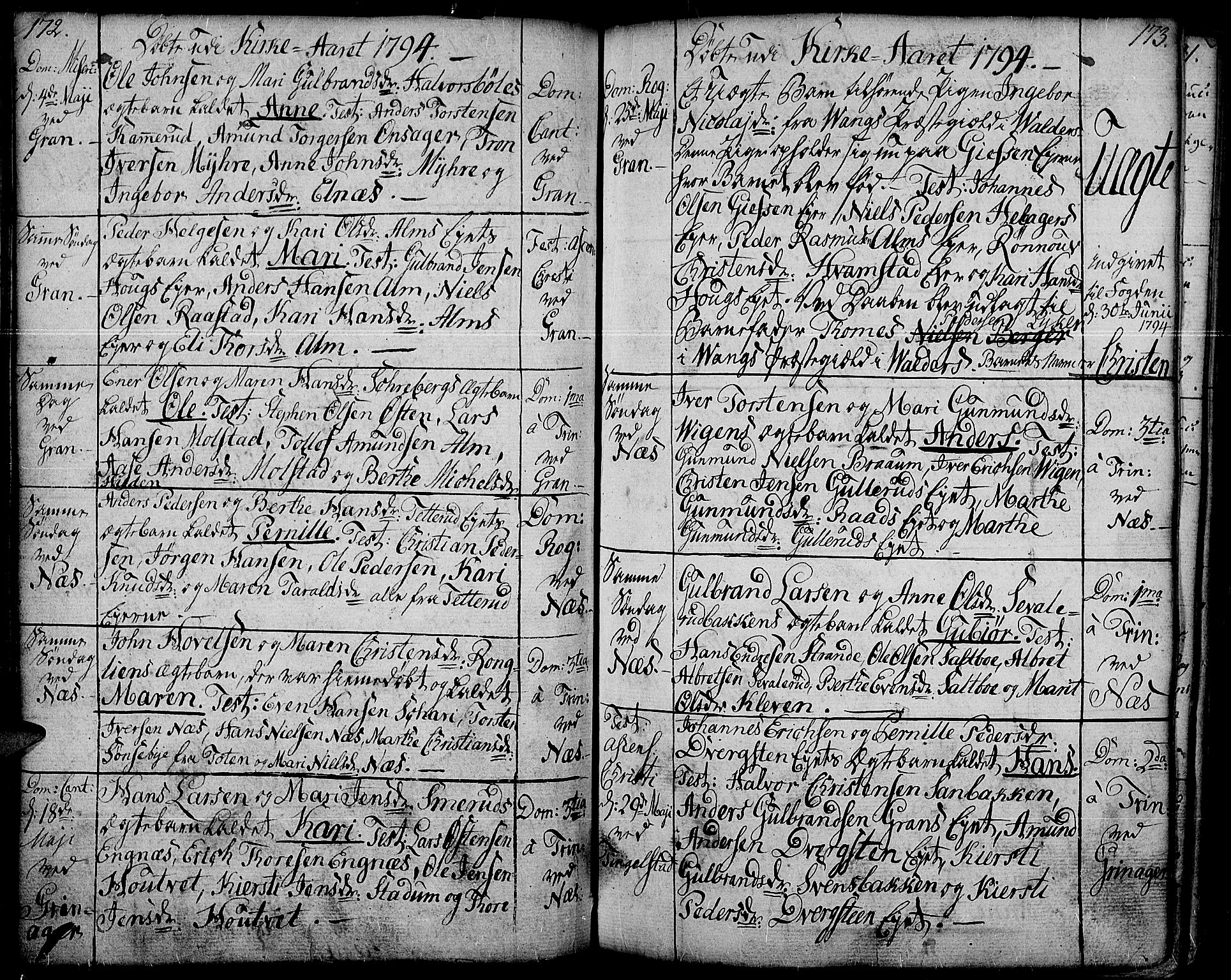 Gran prestekontor, SAH/PREST-112/H/Ha/Haa/L0006: Parish register (official) no. 6, 1787-1824, p. 172-173