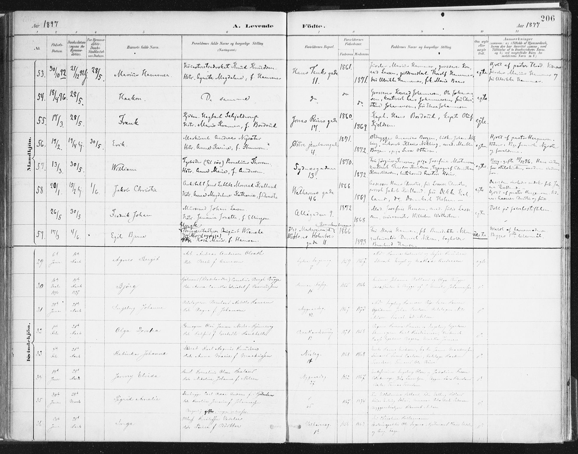 Johanneskirken sokneprestembete, SAB/A-76001/H/Haa/L0001: Parish register (official) no. A 1, 1885-1900, p. 206