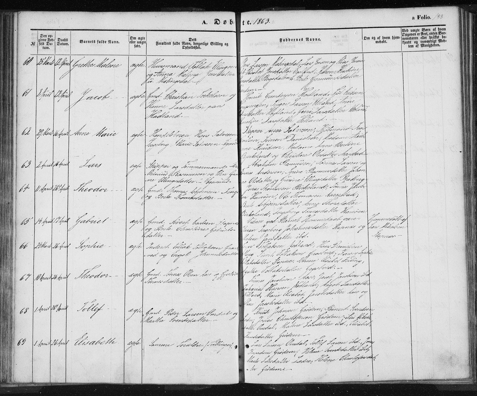 Eigersund sokneprestkontor, AV/SAST-A-101807/S08/L0012: Parish register (official) no. A 12.1, 1850-1865, p. 188