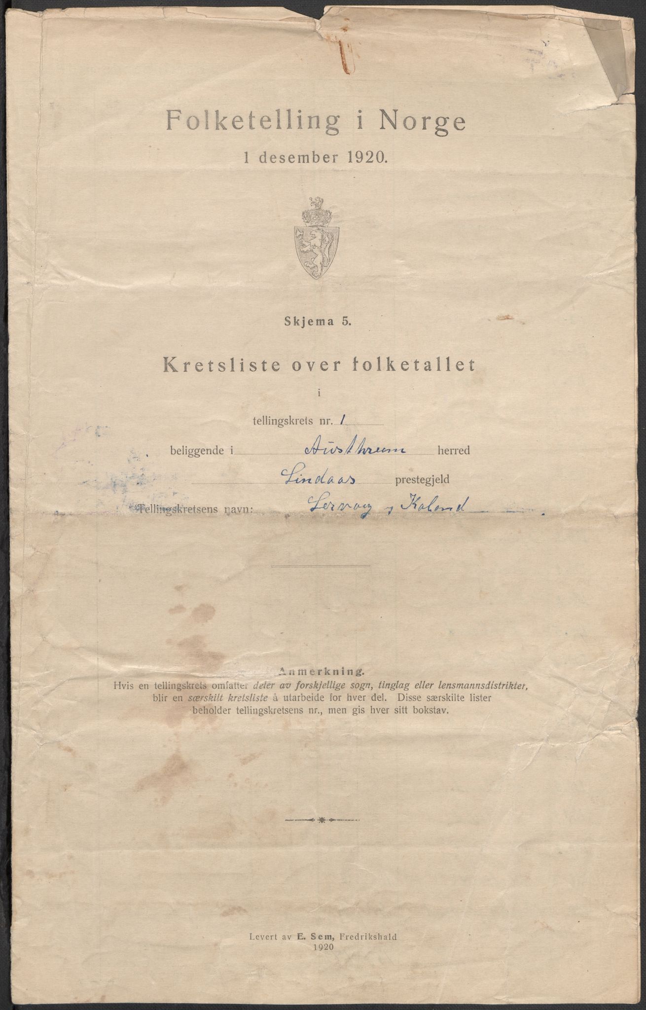 SAB, 1920 census for Austrheim, 1920, p. 5