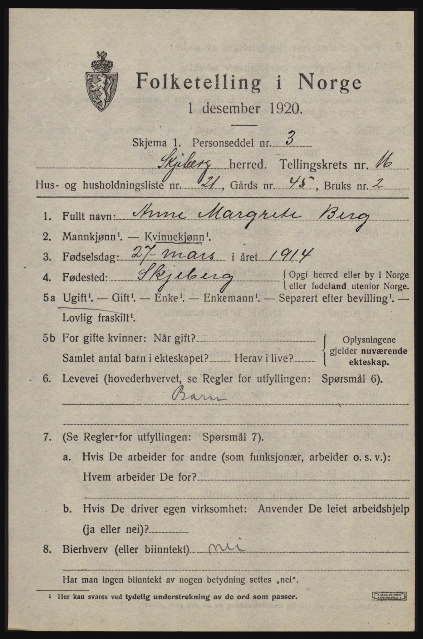 SAO, 1920 census for Skjeberg, 1920, p. 15073