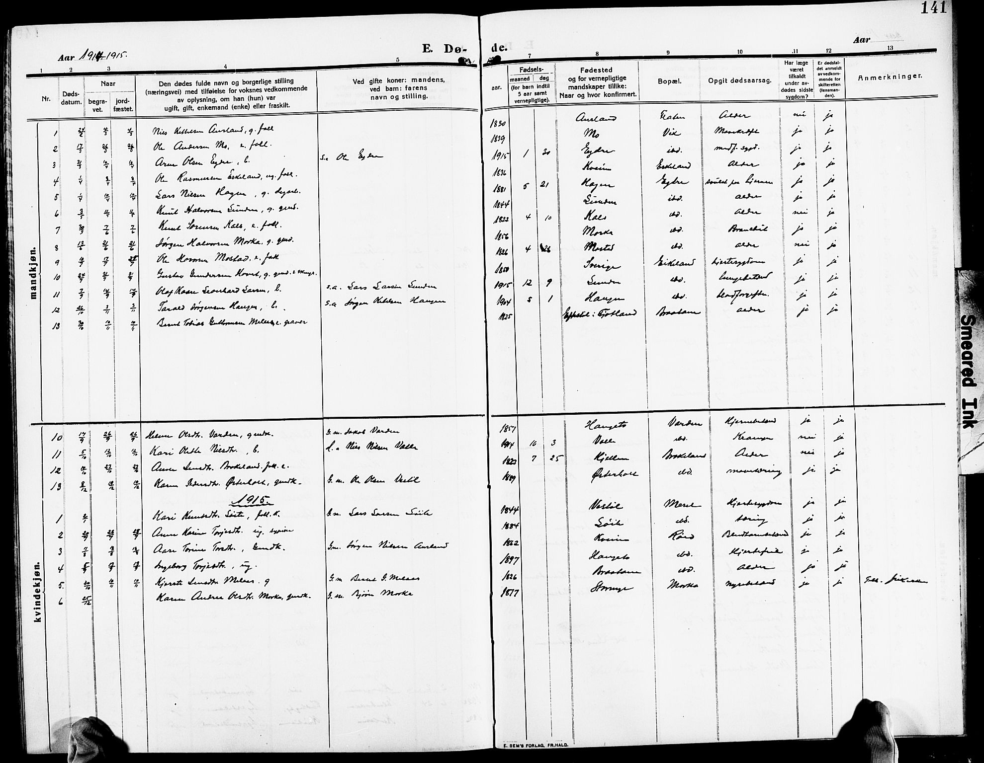 Gjerstad sokneprestkontor, AV/SAK-1111-0014/F/Fb/Fba/L0008: Parish register (copy) no. B 8, 1909-1925, p. 141