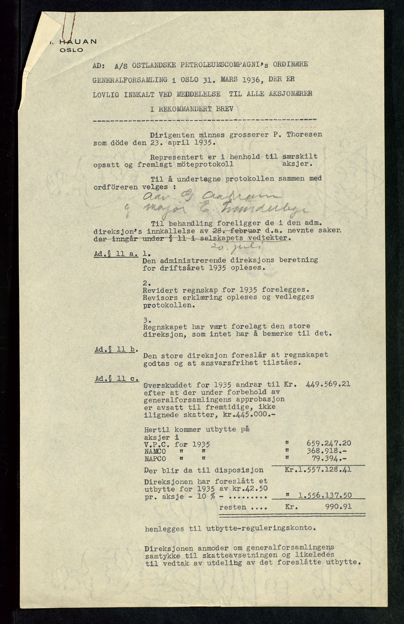 PA 1534 - Østlandske Petroleumscompagni A/S, AV/SAST-A-101954/A/Aa/L0002/0004: Generalforsamlinger. / Generalforsamling, 1936, p. 10