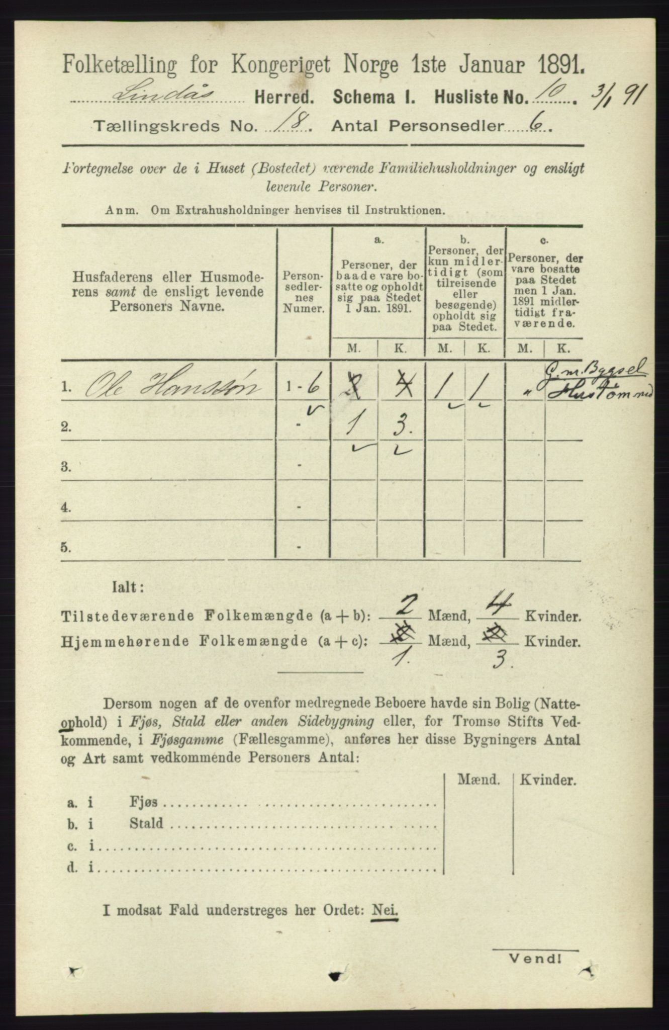 RA, 1891 census for 1263 Lindås, 1891, p. 6473