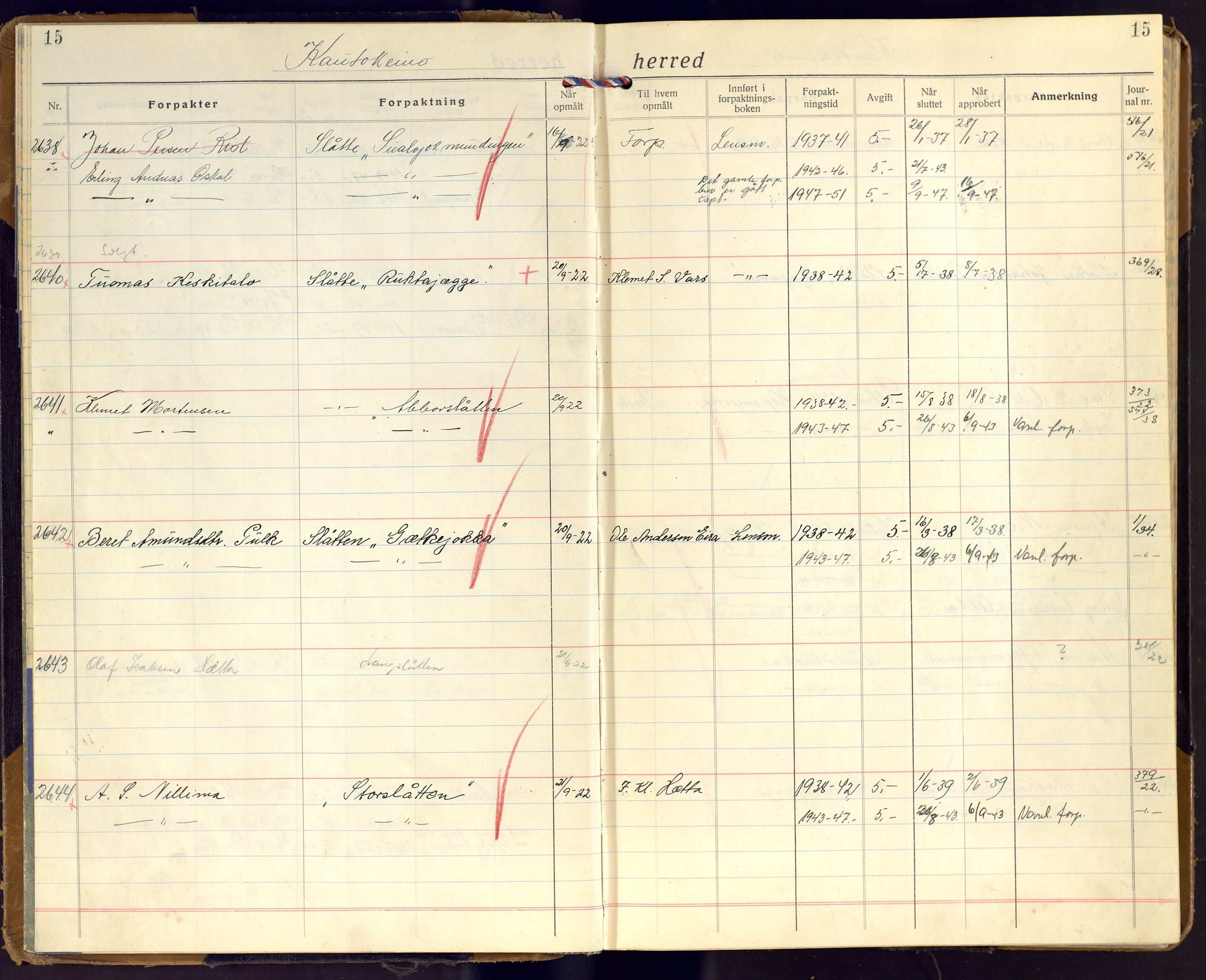 Finnmark jordsalgskommisjon/jordsalgskontor og Statskog SF Finnmark jordsalgskontor, AV/SATØ-S-1443/J/Ja/L0010: Forpaktningsbok for Finnmark I, 1916-1947, p. 15