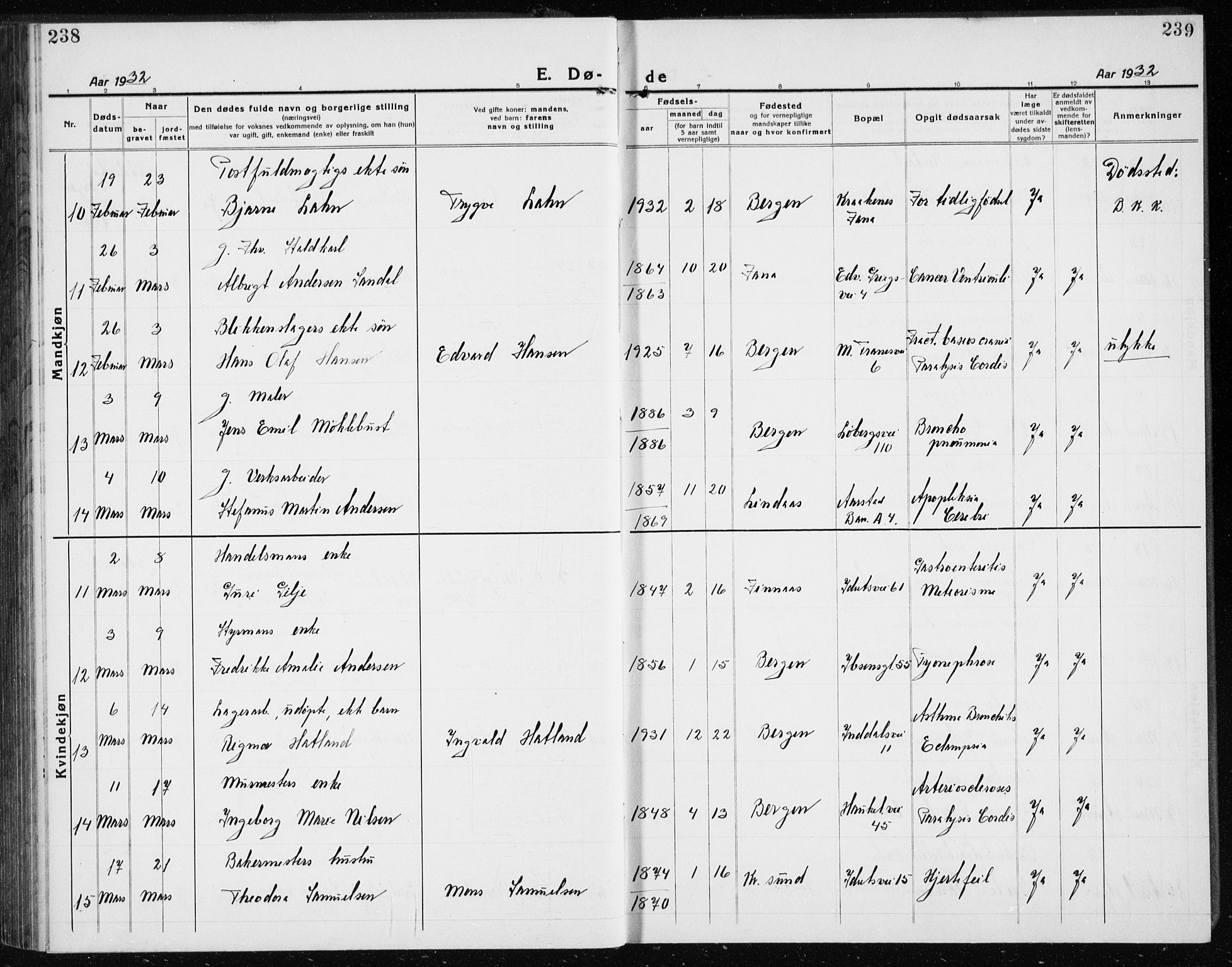 Årstad Sokneprestembete, AV/SAB-A-79301/H/Hab/L0025: Parish register (copy) no. D 2, 1922-1940, p. 238-239