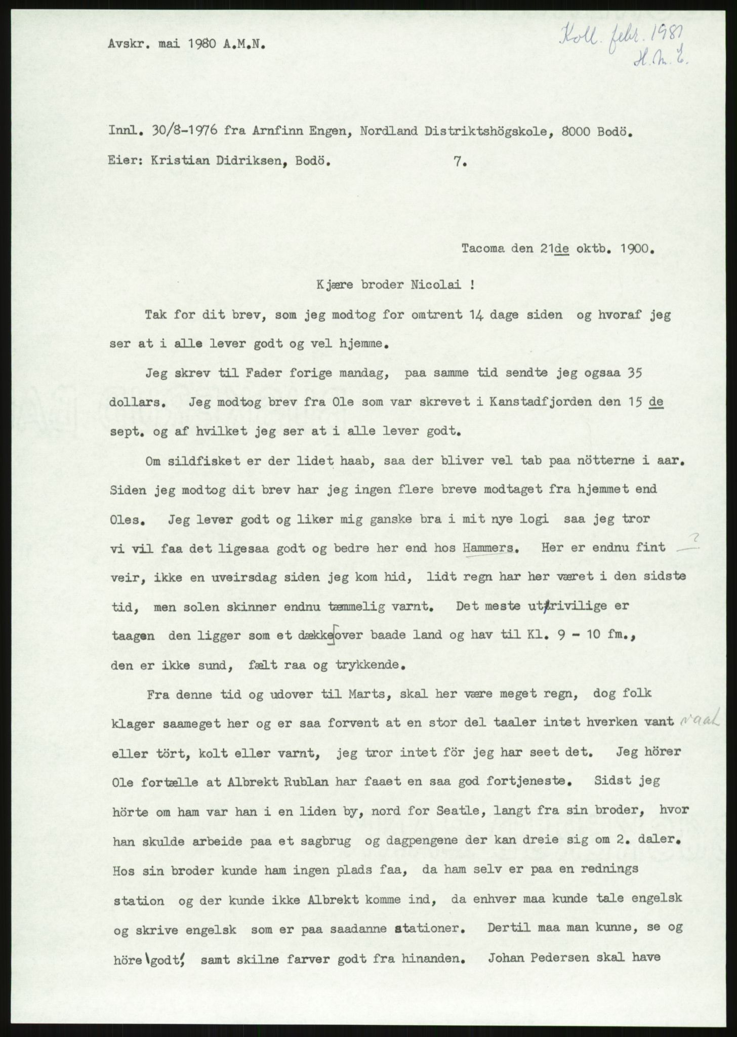 Samlinger til kildeutgivelse, Amerikabrevene, AV/RA-EA-4057/F/L0035: Innlån fra Nordland, 1838-1914, p. 51