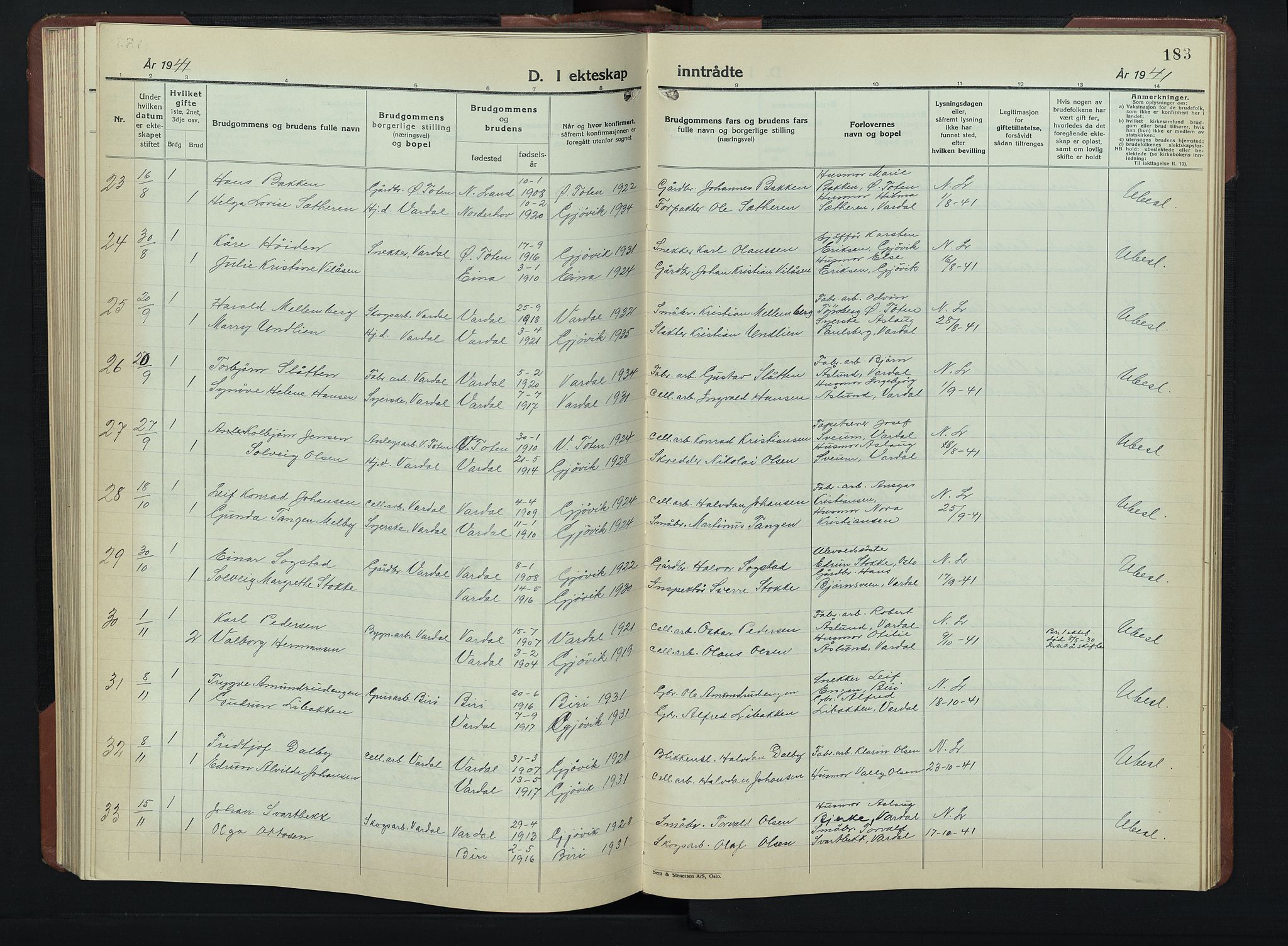 Vardal prestekontor, AV/SAH-PREST-100/H/Ha/Hab/L0019: Parish register (copy) no. 19, 1941-1951, p. 183