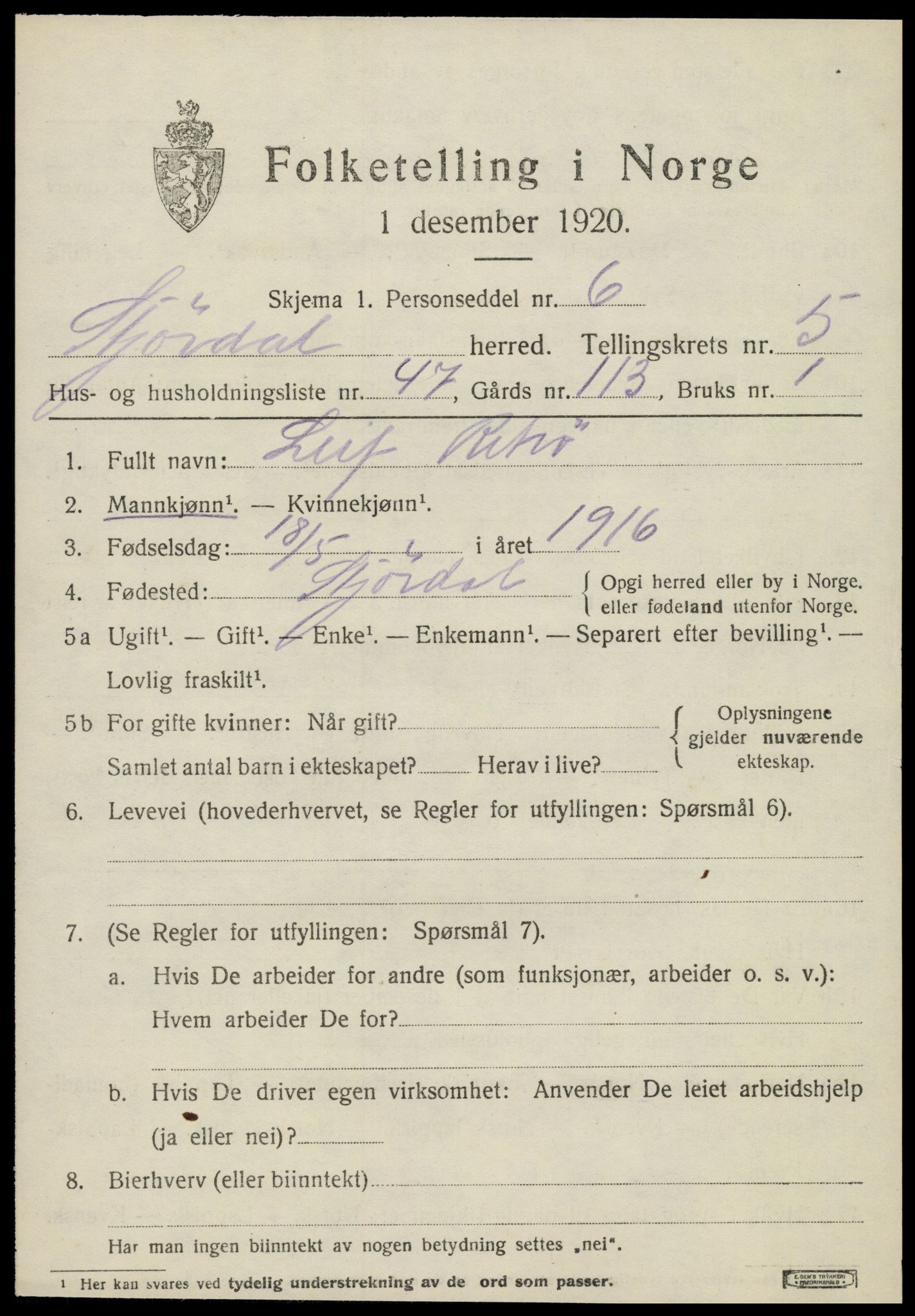 SAT, 1920 census for Stjørdal, 1920, p. 6632