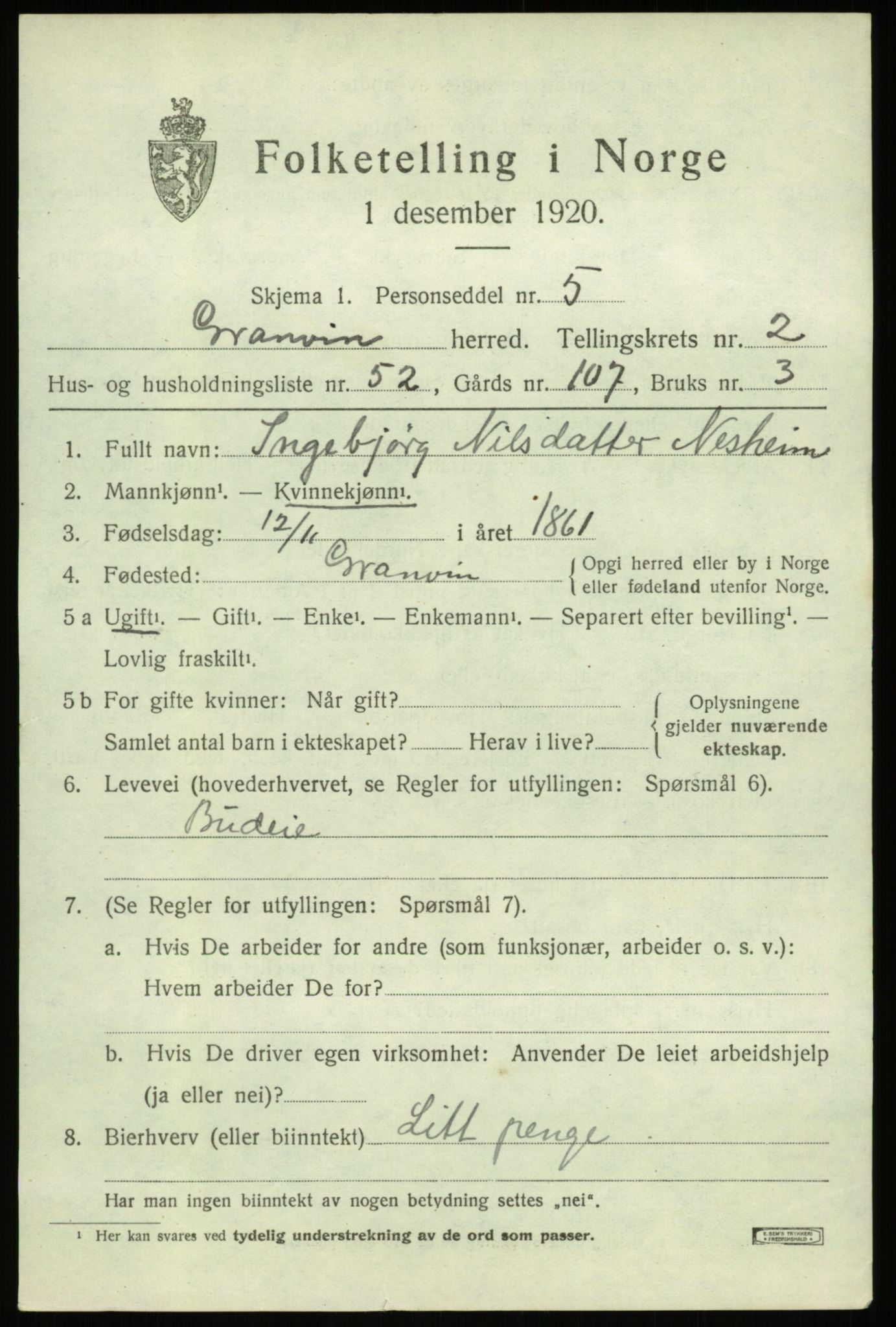 SAB, 1920 census for Granvin, 1920, p. 1168