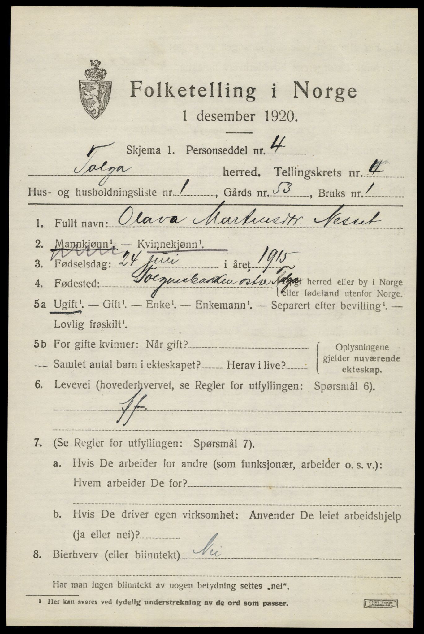 SAH, 1920 census for Tolga, 1920, p. 2595