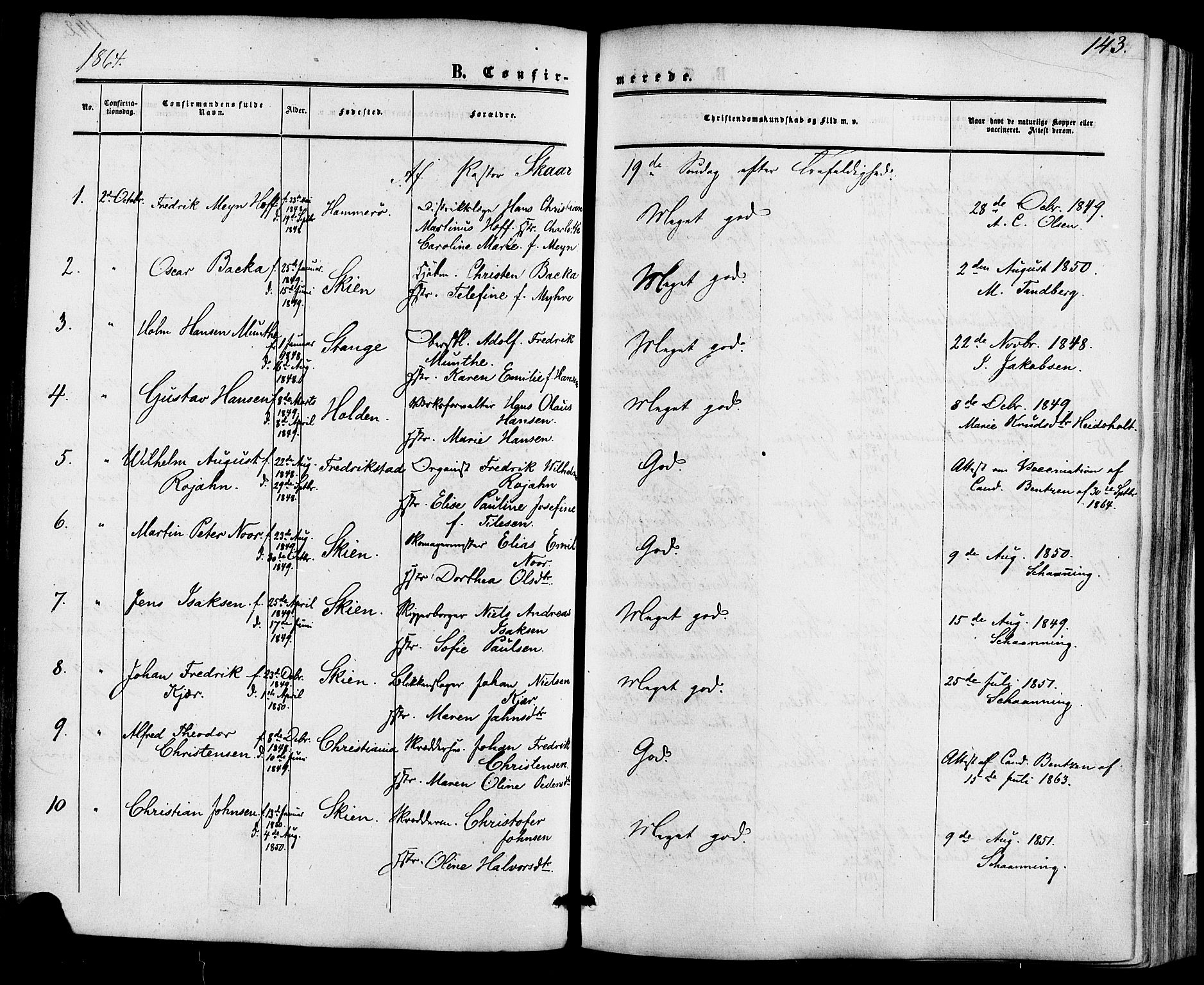 Skien kirkebøker, AV/SAKO-A-302/F/Fa/L0007: Parish register (official) no. 7, 1856-1865, p. 143