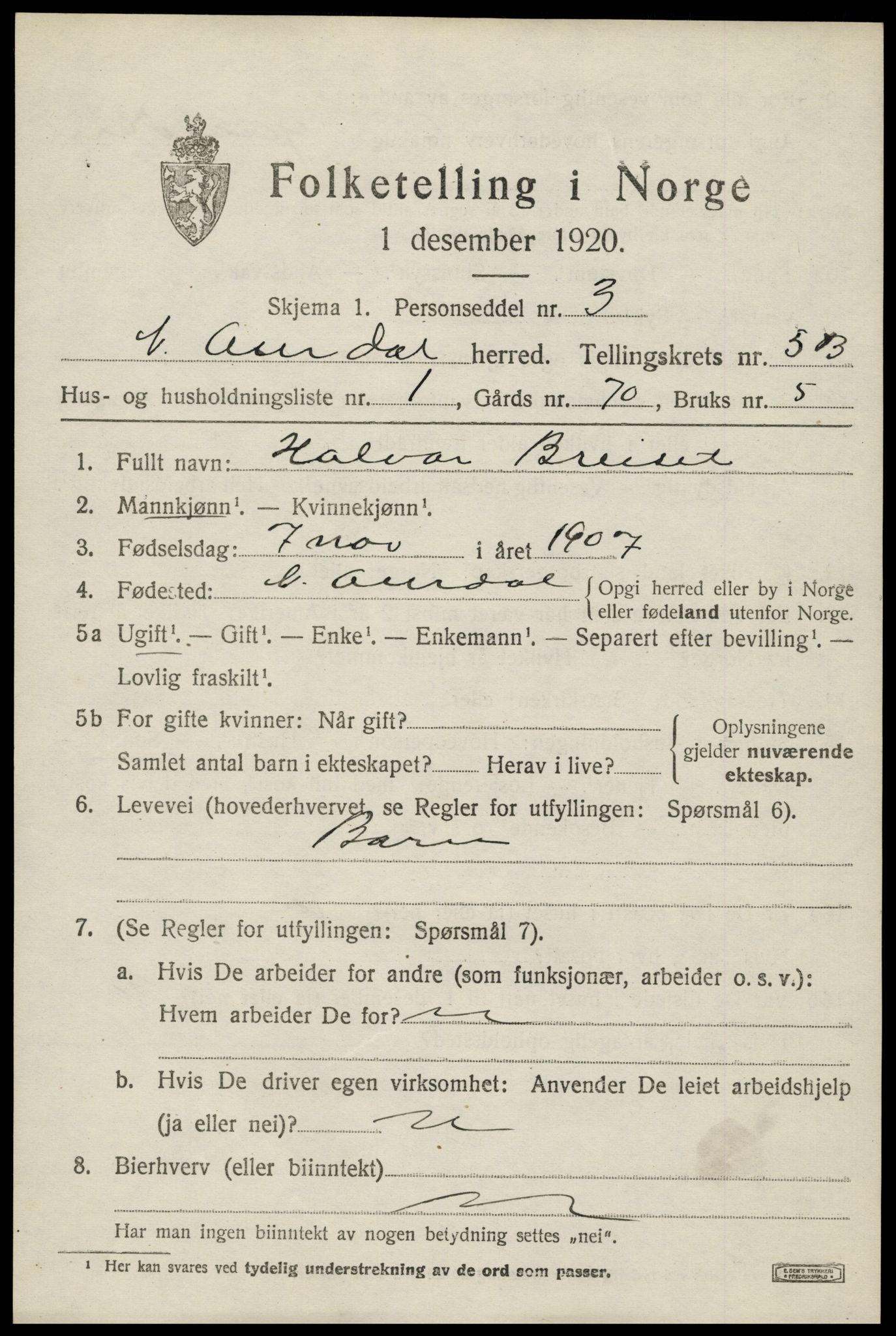 SAH, 1920 census for Nord-Aurdal, 1920, p. 5116