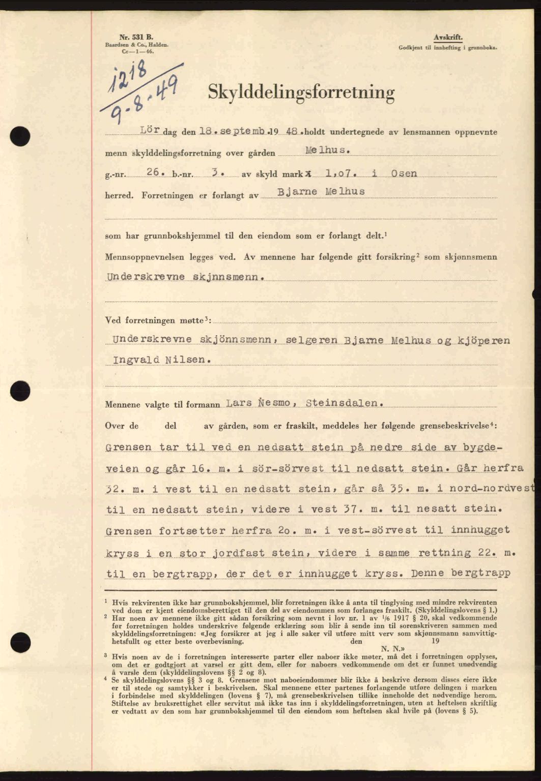 Fosen sorenskriveri, AV/SAT-A-1107/1/2/2C: Mortgage book no. A10, 1949-1950, Diary no: : 1218/1949