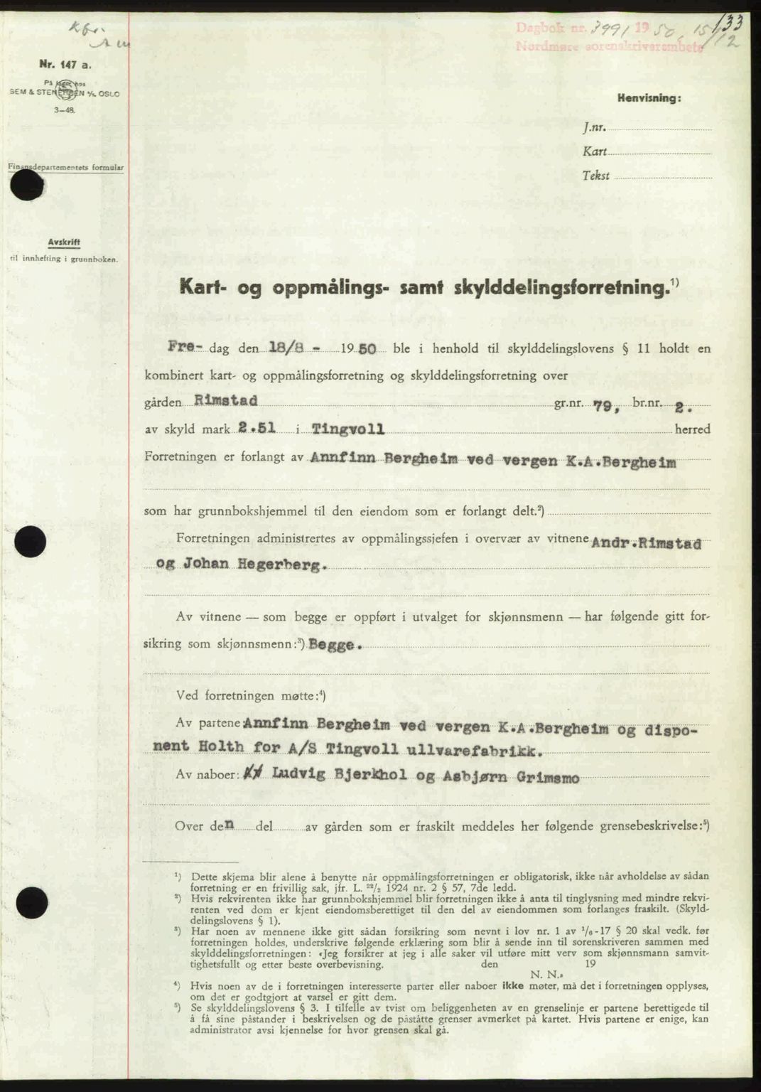 Nordmøre sorenskriveri, AV/SAT-A-4132/1/2/2Ca: Mortgage book no. A117, 1950-1950, Diary no: : 3991/1950