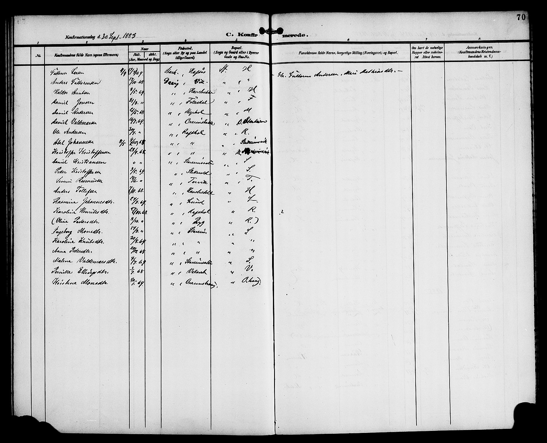 Eid sokneprestembete, AV/SAB-A-82301/H/Haa/Haac/L0001: Parish register (official) no. C 1, 1879-1899, p. 70