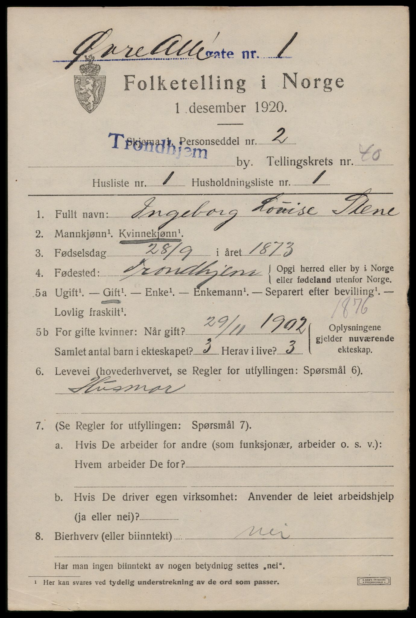 SAT, 1920 census for Trondheim, 1920, p. 89416