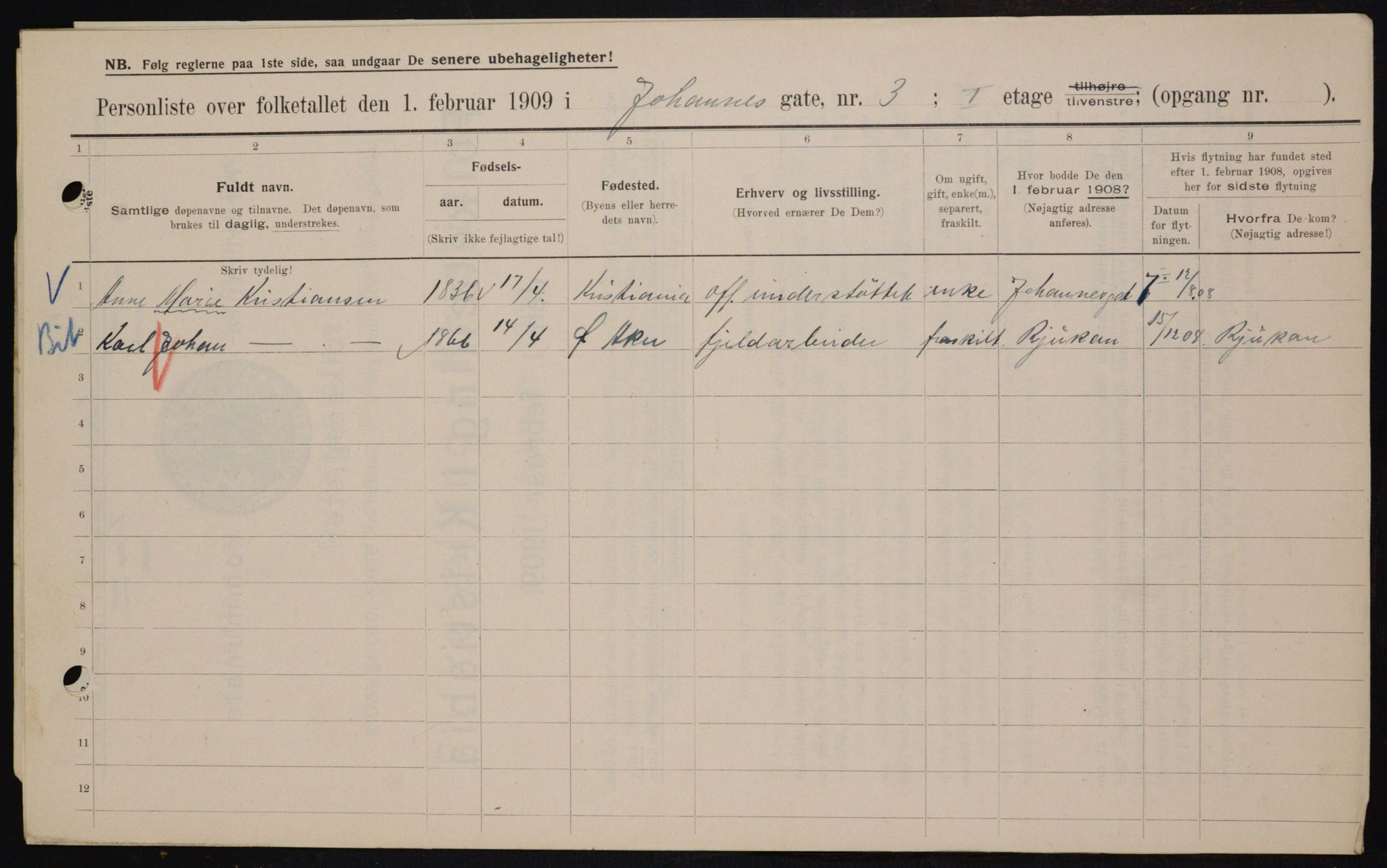 OBA, Municipal Census 1909 for Kristiania, 1909, p. 43066