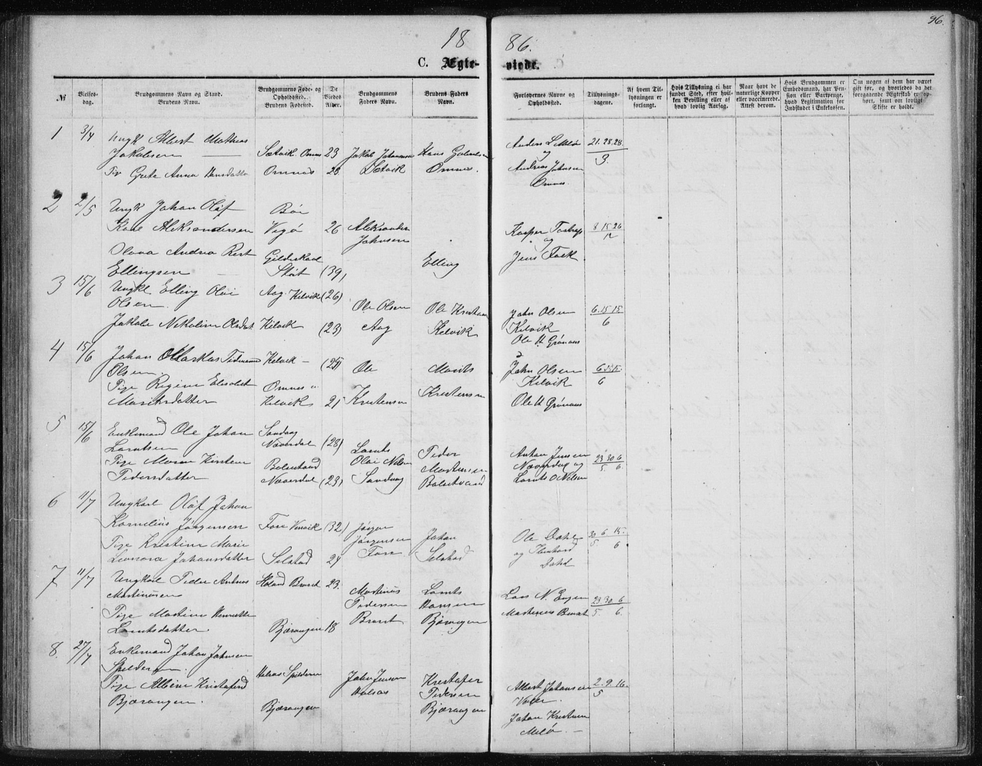 Ministerialprotokoller, klokkerbøker og fødselsregistre - Nordland, AV/SAT-A-1459/843/L0635: Parish register (copy) no. 843C04, 1872-1887, p. 96