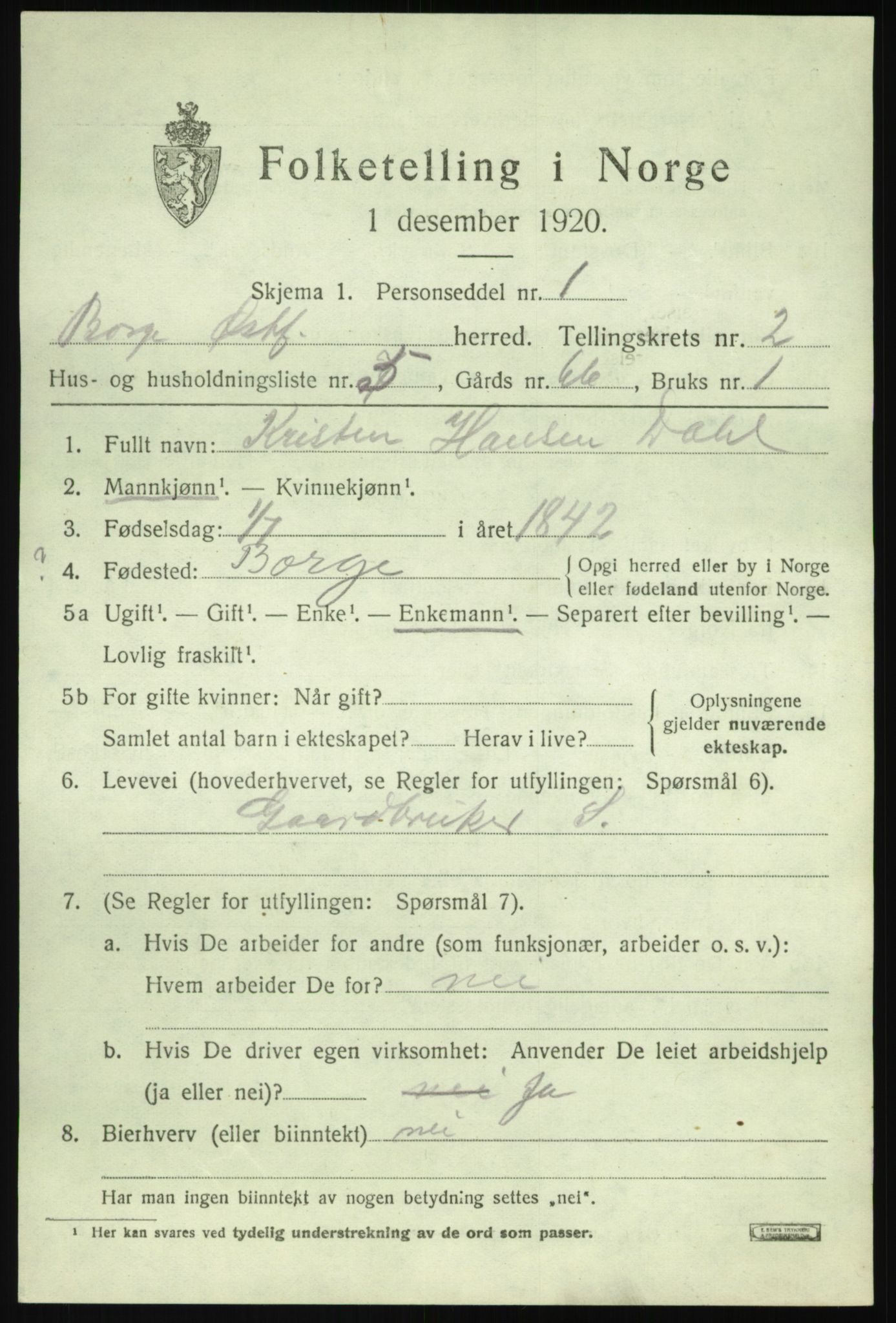SAO, 1920 census for Borge, 1920, p. 3055