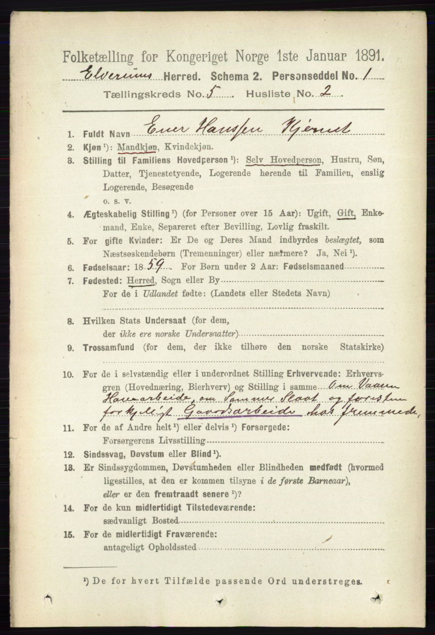 RA, 1891 census for 0427 Elverum, 1891, p. 3088