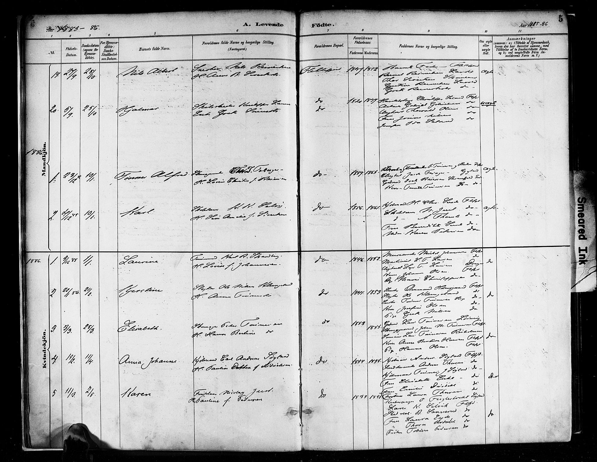 Flekkefjord sokneprestkontor, AV/SAK-1111-0012/F/Fa/Faa/L0001: Parish register (official) no. A 1, 1885-1900, p. 5