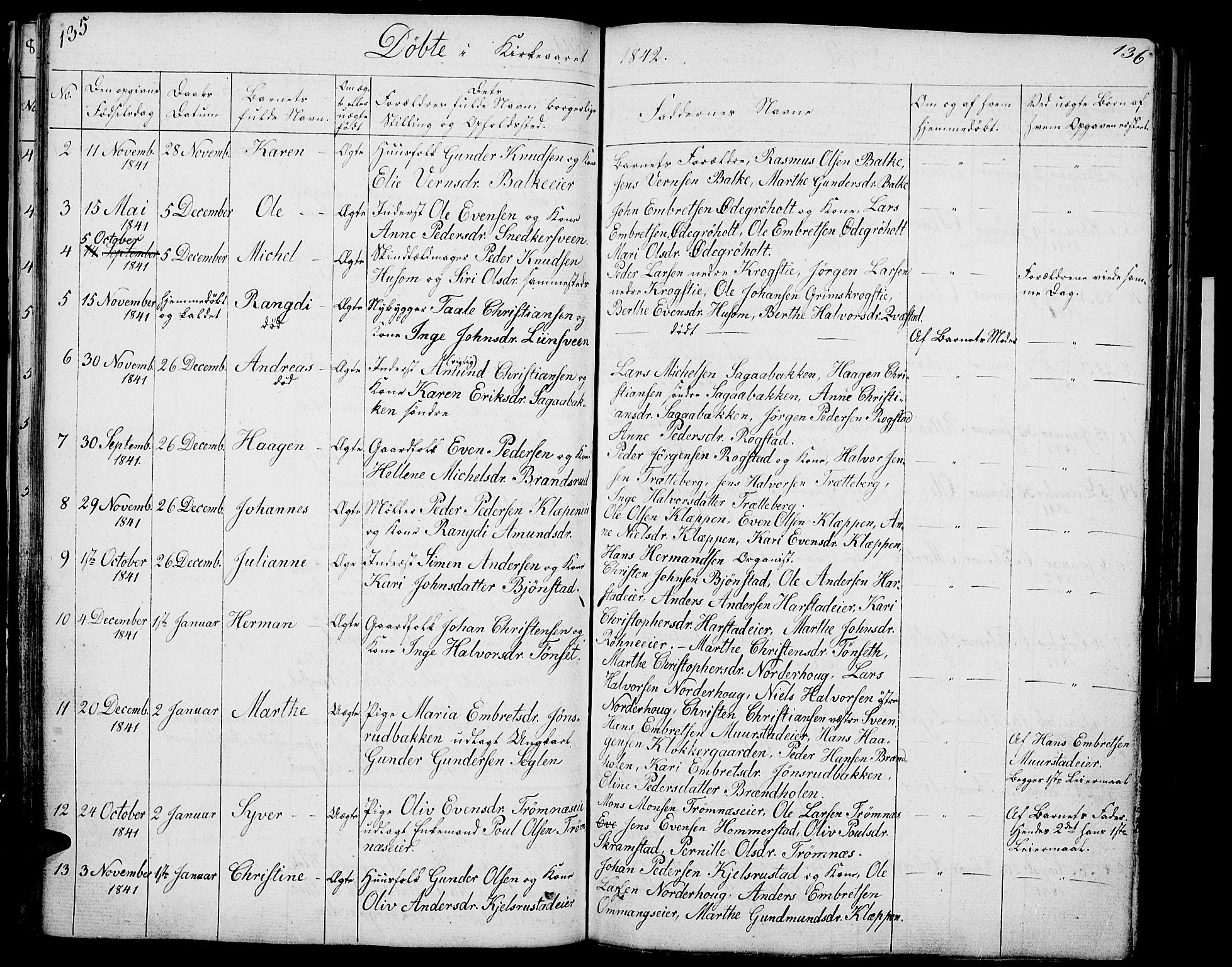 Løten prestekontor, SAH/PREST-022/L/La/L0002: Parish register (copy) no. 2, 1832-1850, p. 135-136