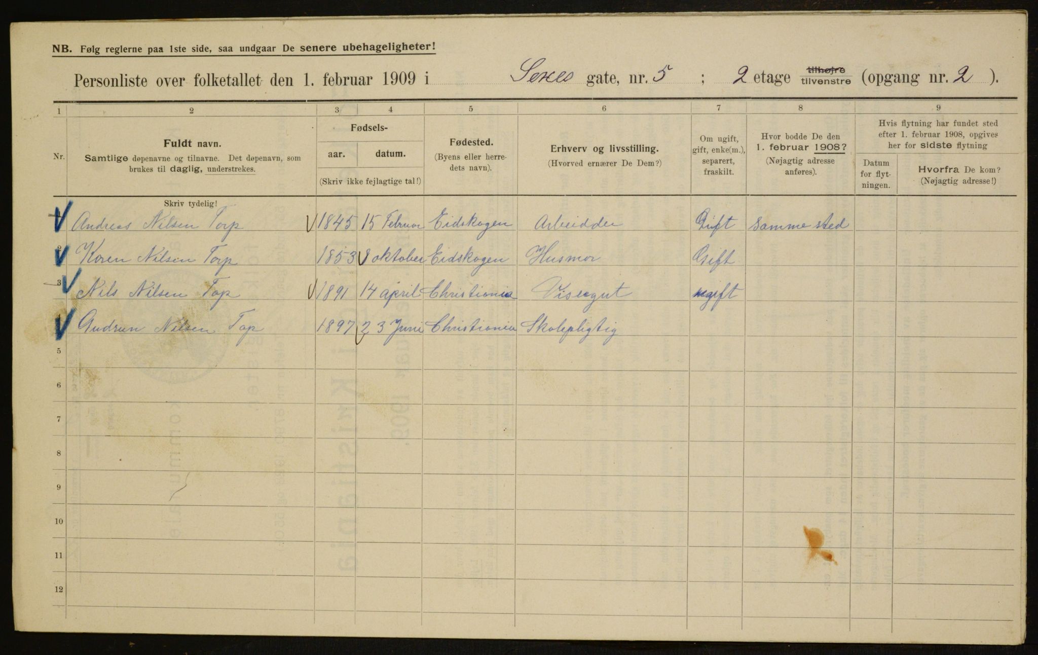 OBA, Municipal Census 1909 for Kristiania, 1909, p. 85961