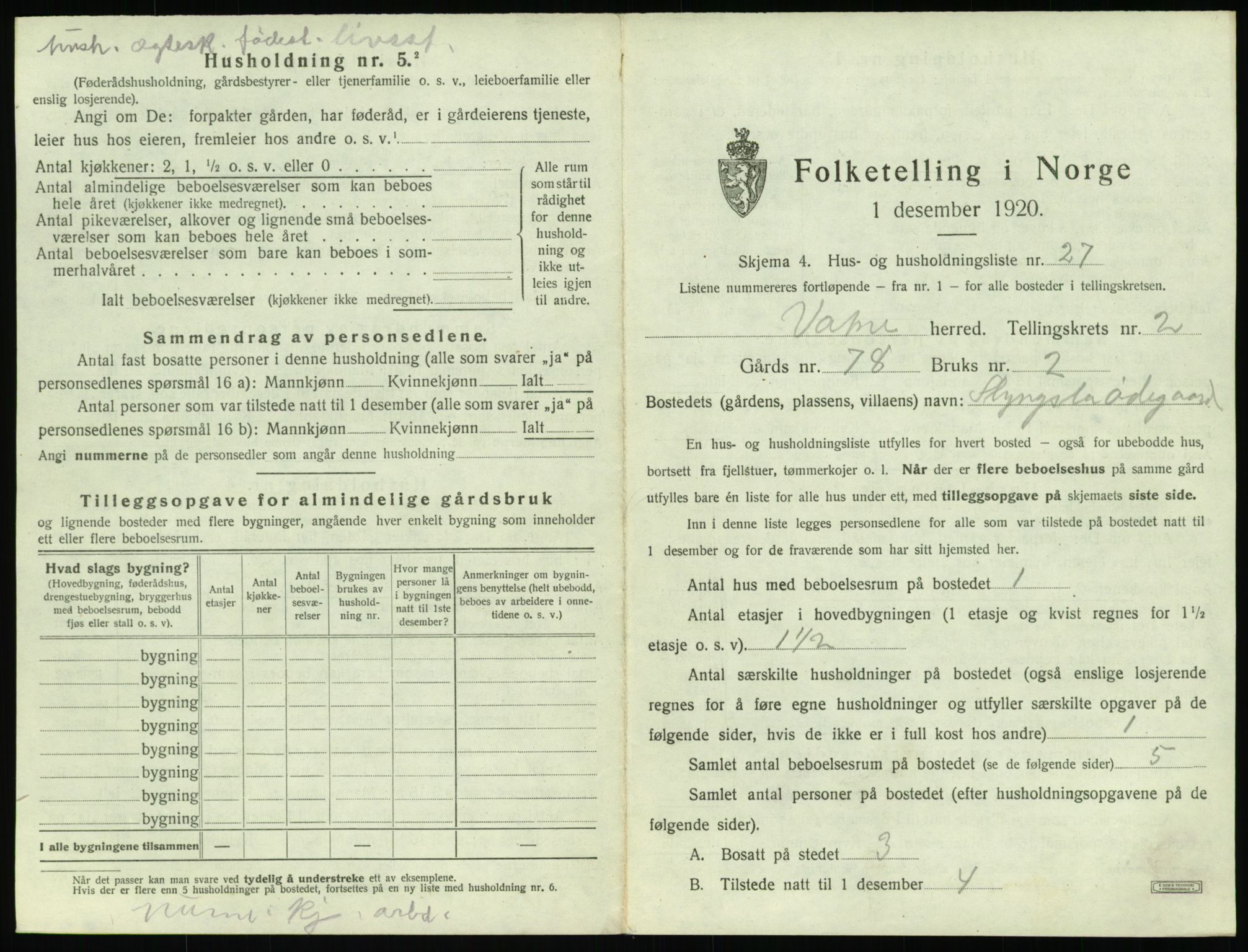 SAT, 1920 census for Vatne, 1920, p. 168