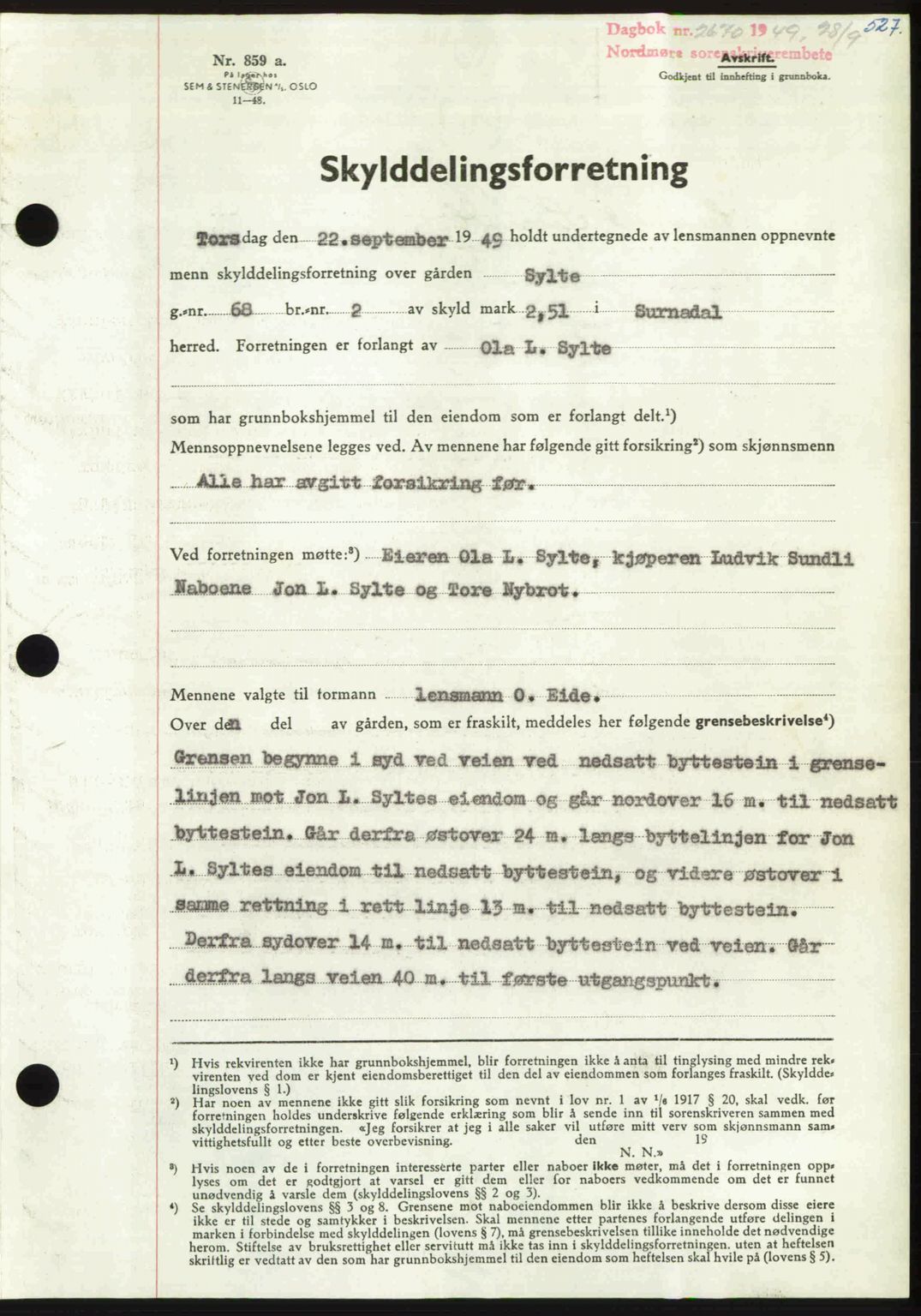 Nordmøre sorenskriveri, AV/SAT-A-4132/1/2/2Ca: Mortgage book no. A112, 1949-1949, Diary no: : 2670/1949