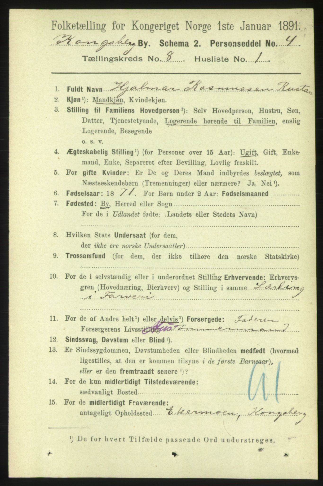 RA, 1891 census for 0604 Kongsberg, 1891, p. 5495