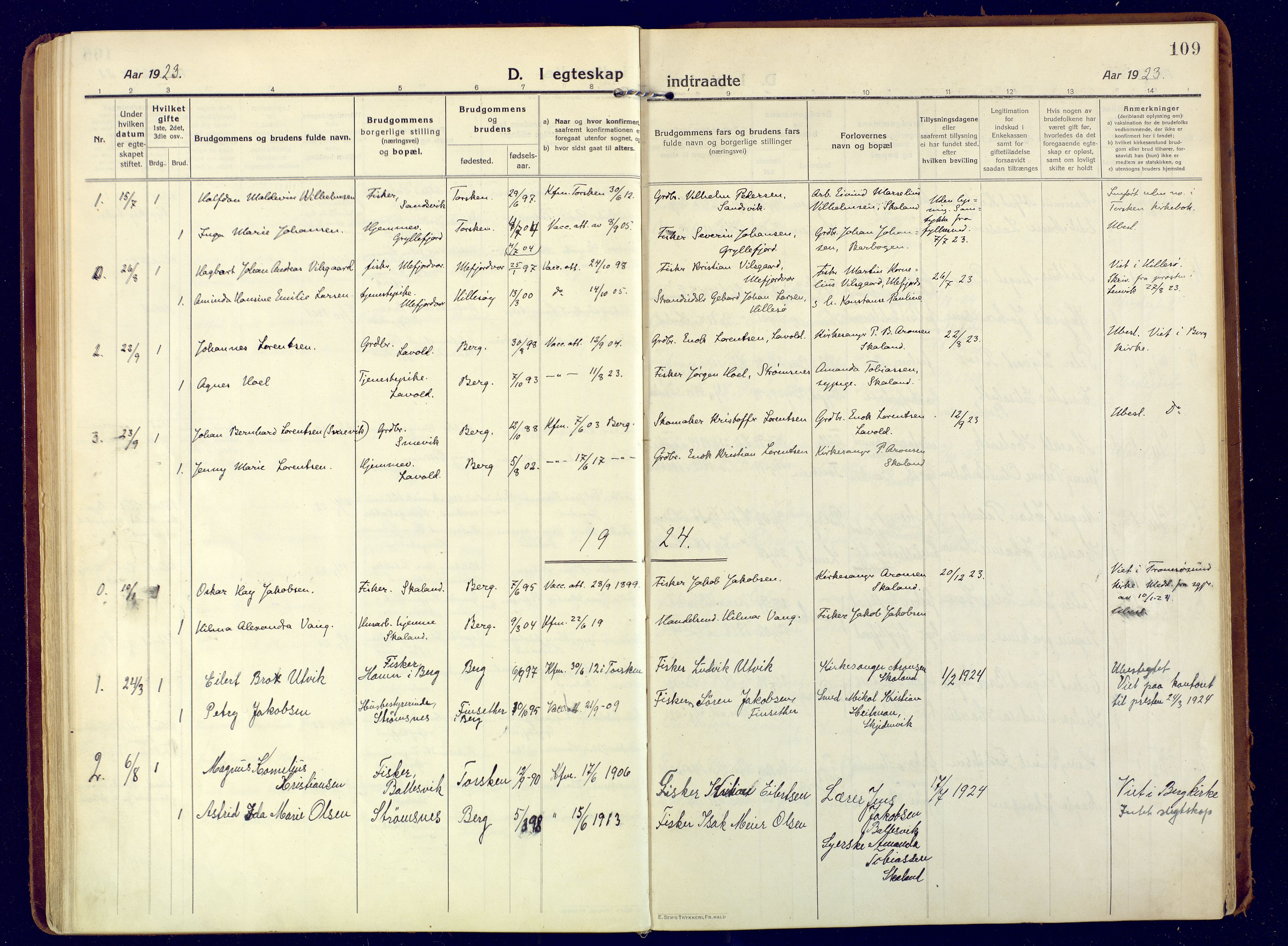 Berg sokneprestkontor, AV/SATØ-S-1318/G/Ga/Gaa/L0009kirke: Parish register (official) no. 9, 1916-1928, p. 109