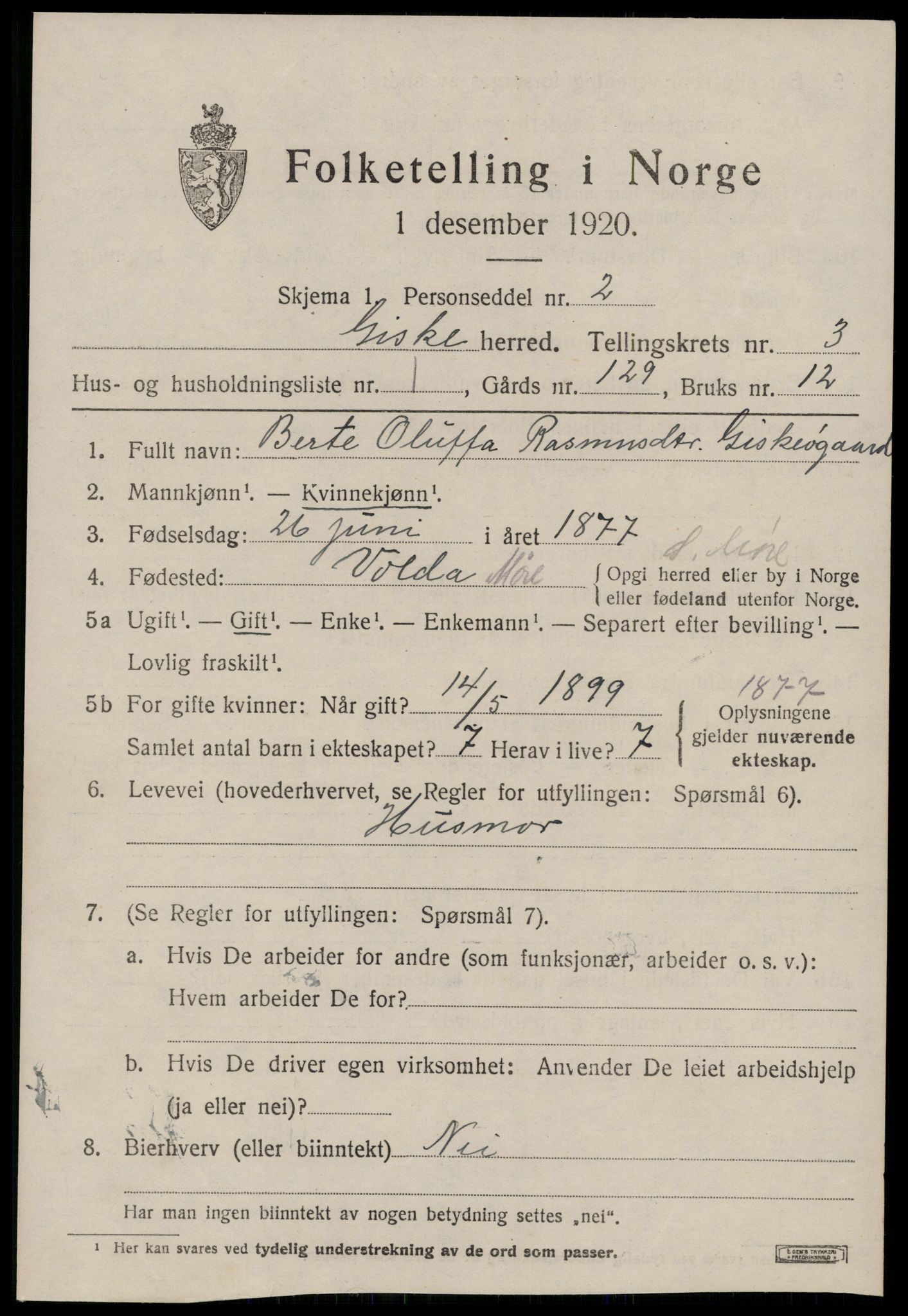 SAT, 1920 census for Giske, 1920, p. 1662