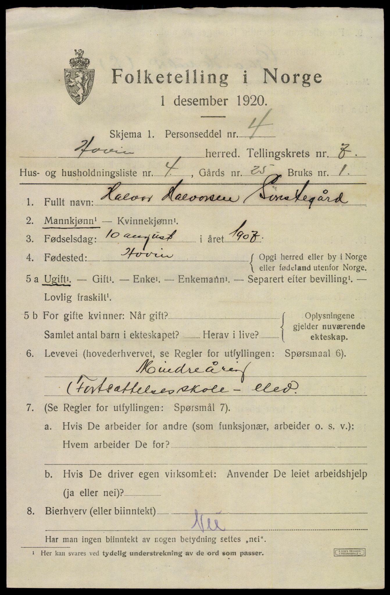 SAKO, 1920 census for Hovin, 1920, p. 1735