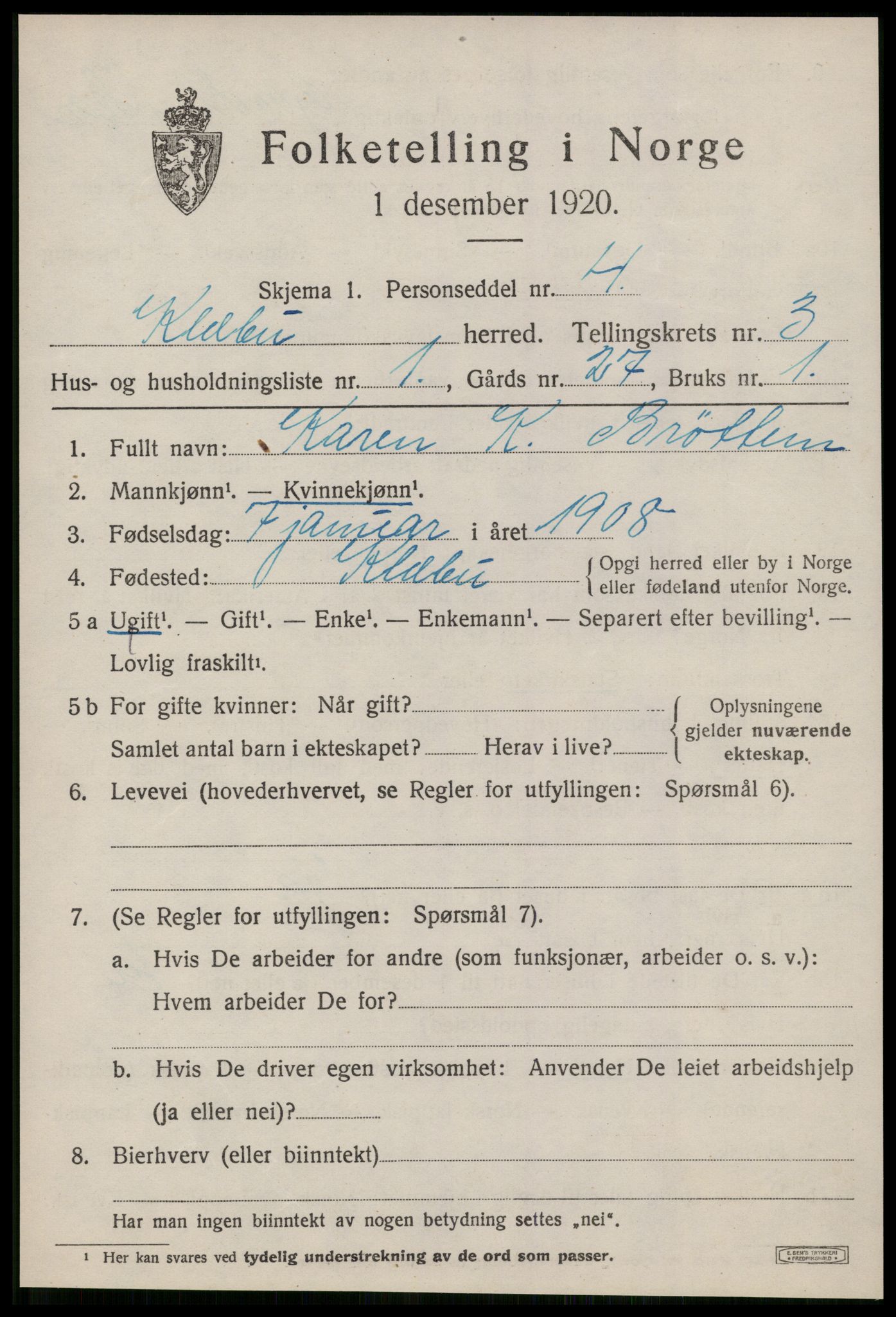 SAT, 1920 census for Klæbu, 1920, p. 1660