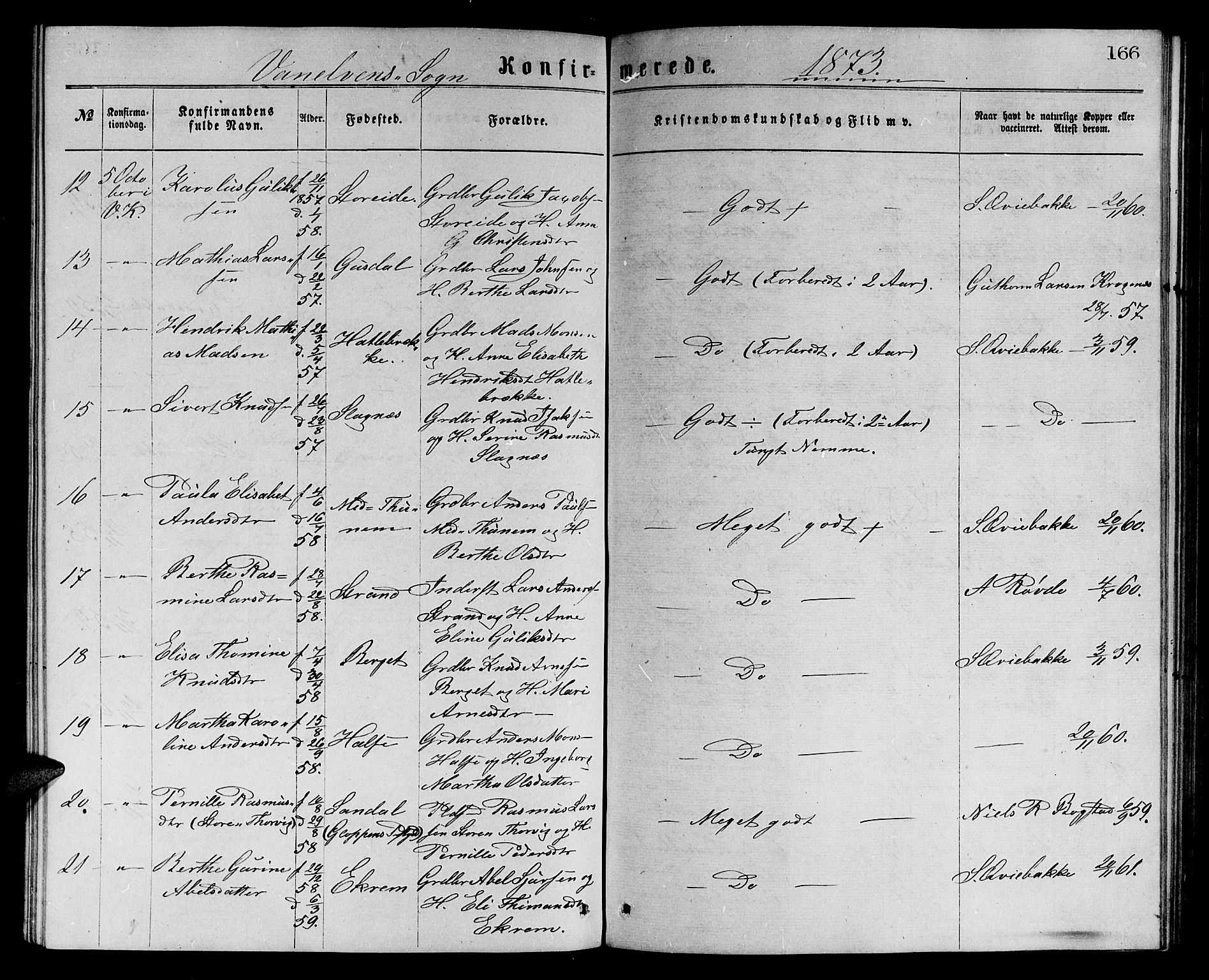 Ministerialprotokoller, klokkerbøker og fødselsregistre - Møre og Romsdal, SAT/A-1454/501/L0016: Parish register (copy) no. 501C02, 1868-1884, p. 166