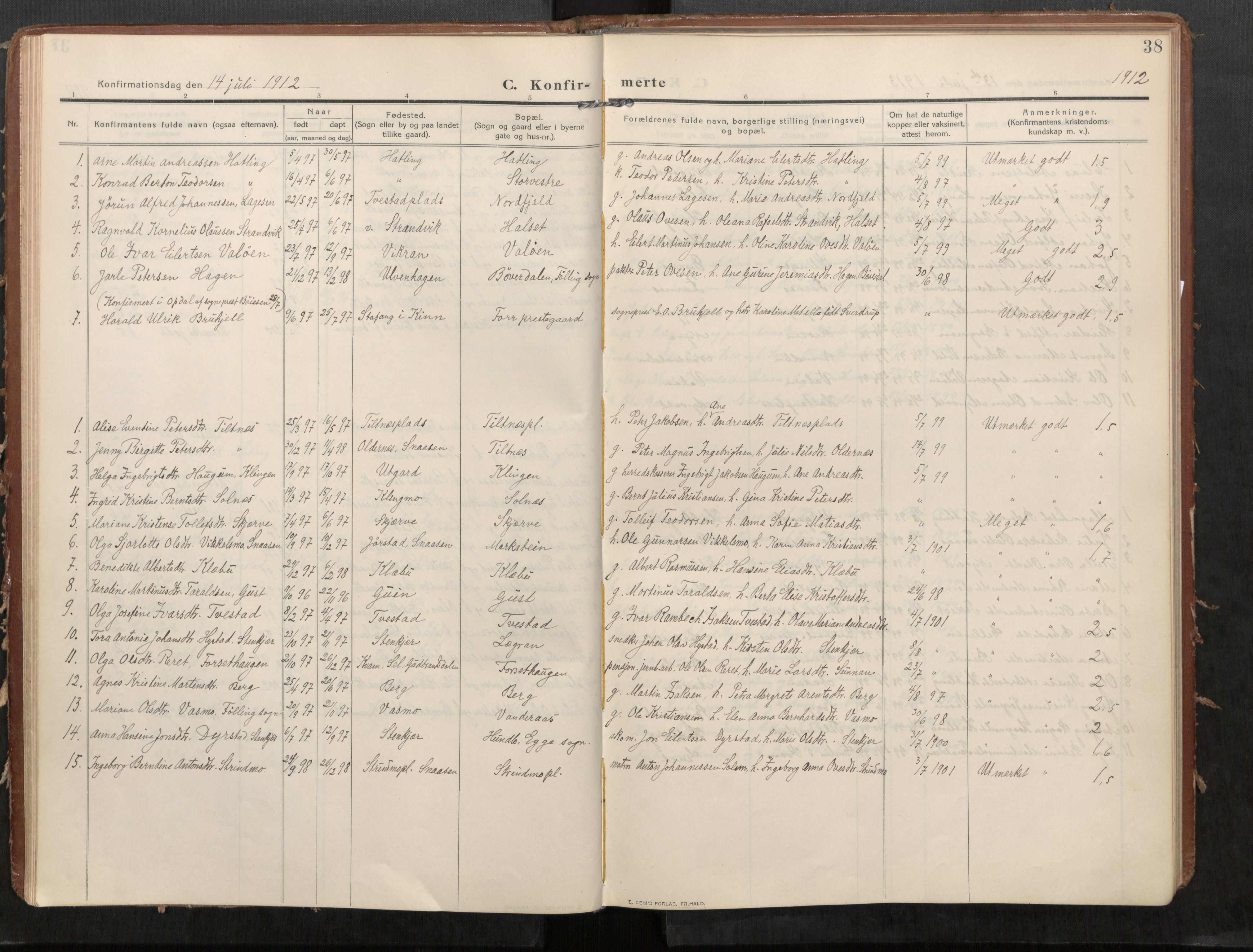 Stod sokneprestkontor, SAT/A-1164/1/I/I1/I1a/L0002: Parish register (official) no. 2, 1909-1922, p. 38