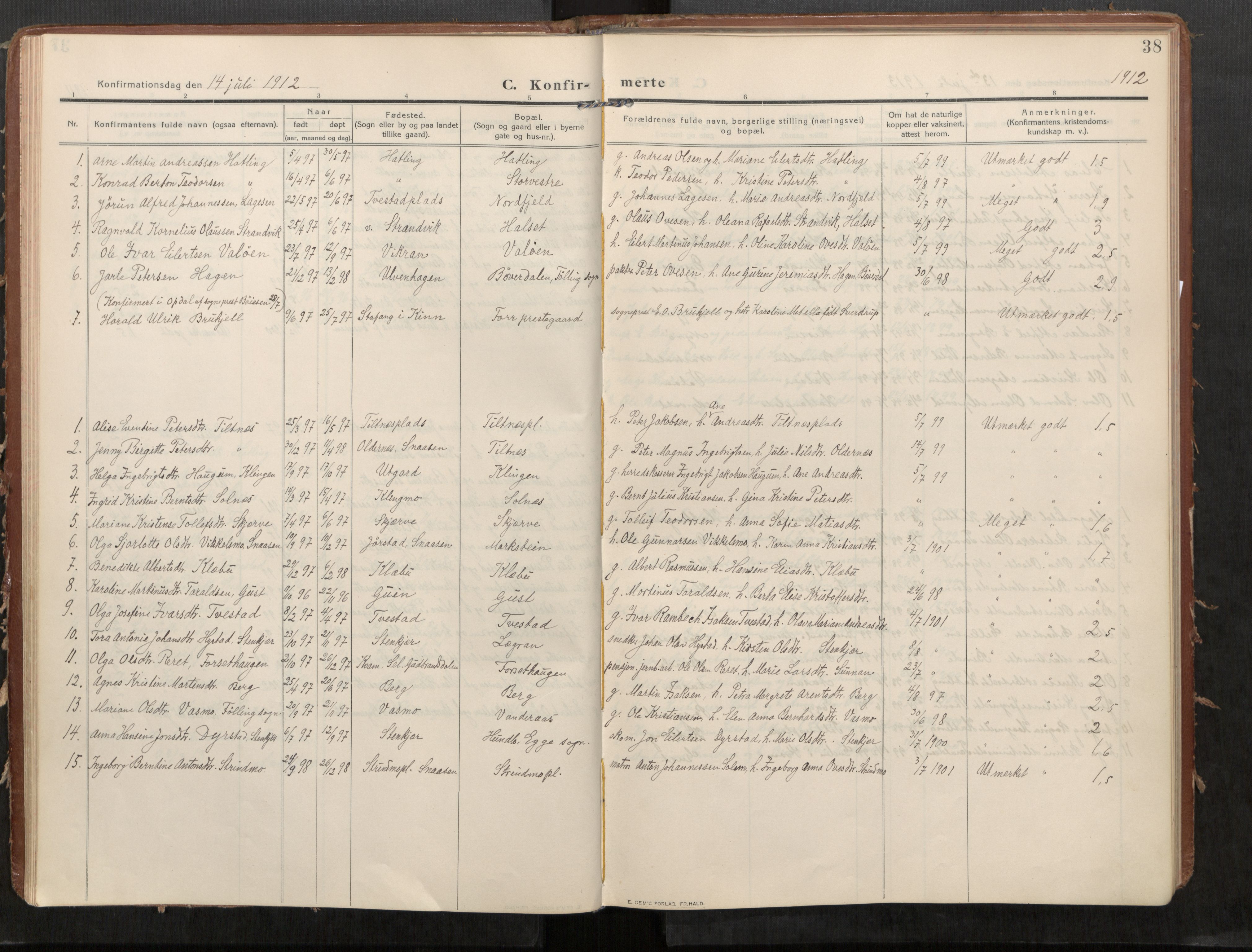 Stod sokneprestkontor, AV/SAT-A-1164/1/I/I1/I1a/L0002: Parish register (official) no. 2, 1909-1922, p. 38