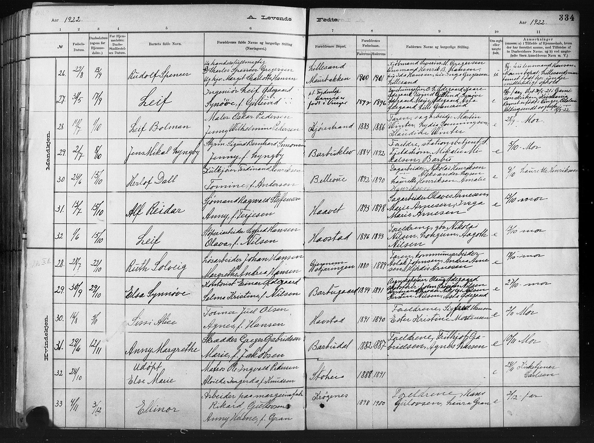 Barbu sokneprestkontor, AV/SAK-1111-0003/F/Fb/L0002: Parish register (copy) no. B 2, 1890-1922, p. 334