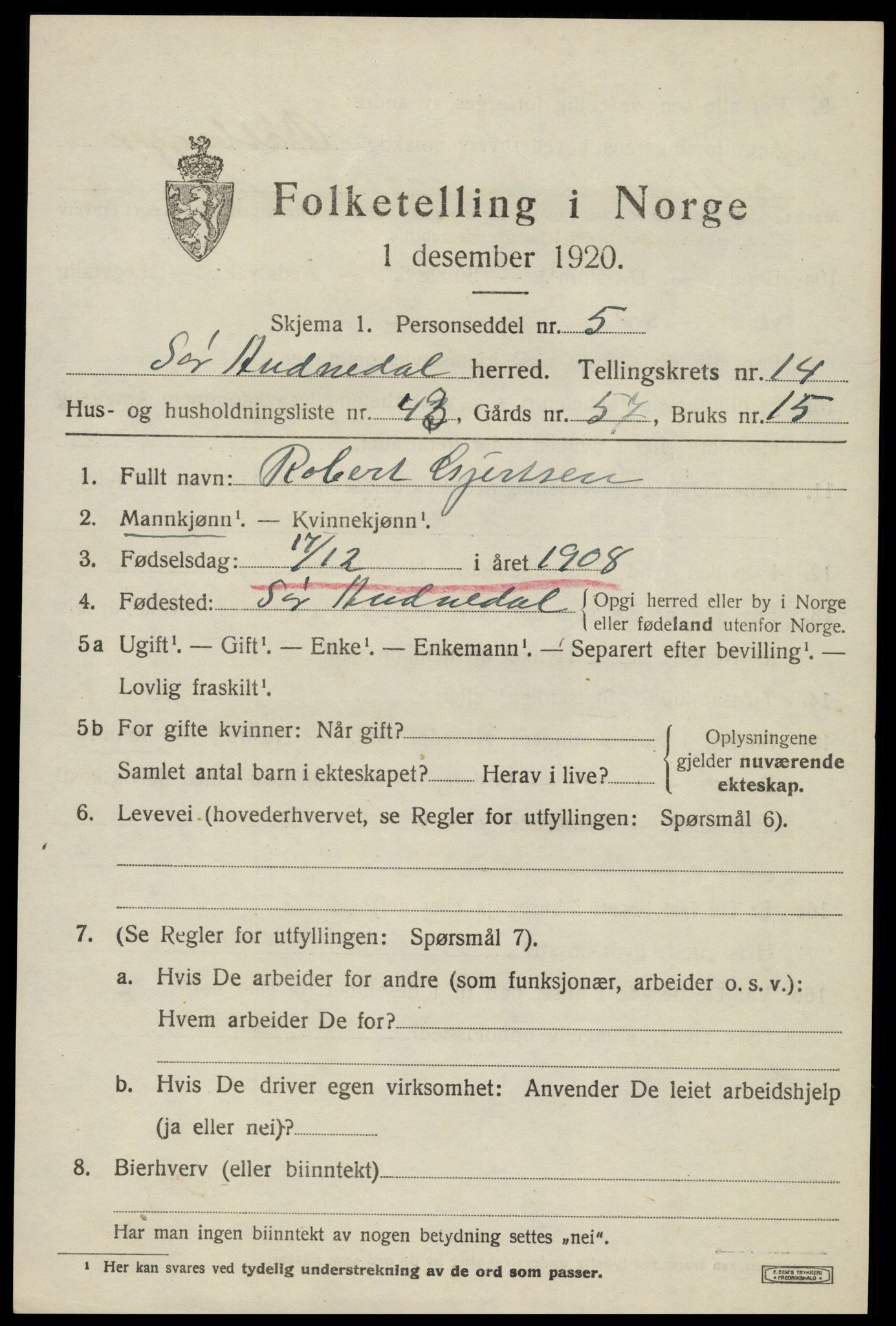 SAK, 1920 census for Sør-Audnedal, 1920, p. 5587