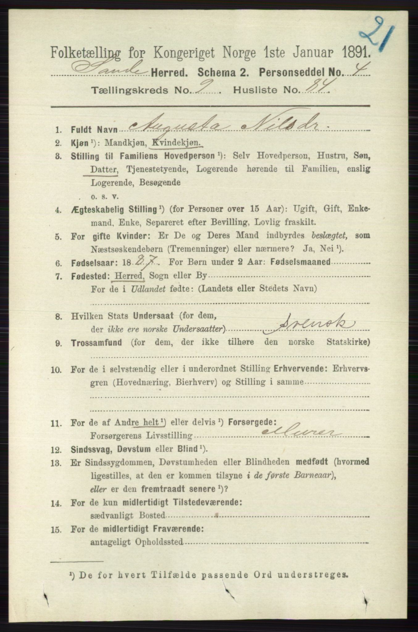 RA, 1891 census for 0713 Sande, 1891, p. 4477