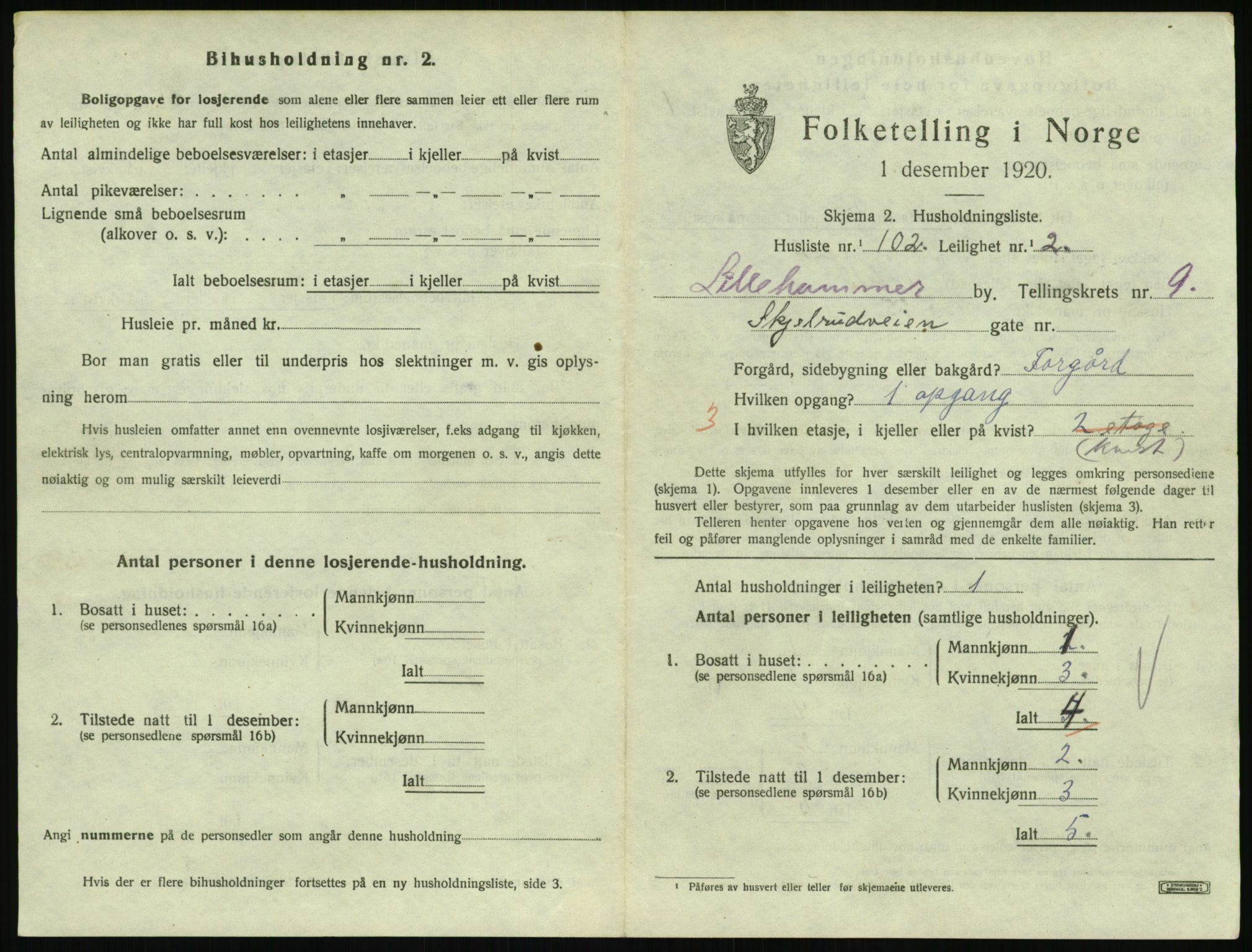 SAH, 1920 census for Lillehammer, 1920, p. 3424