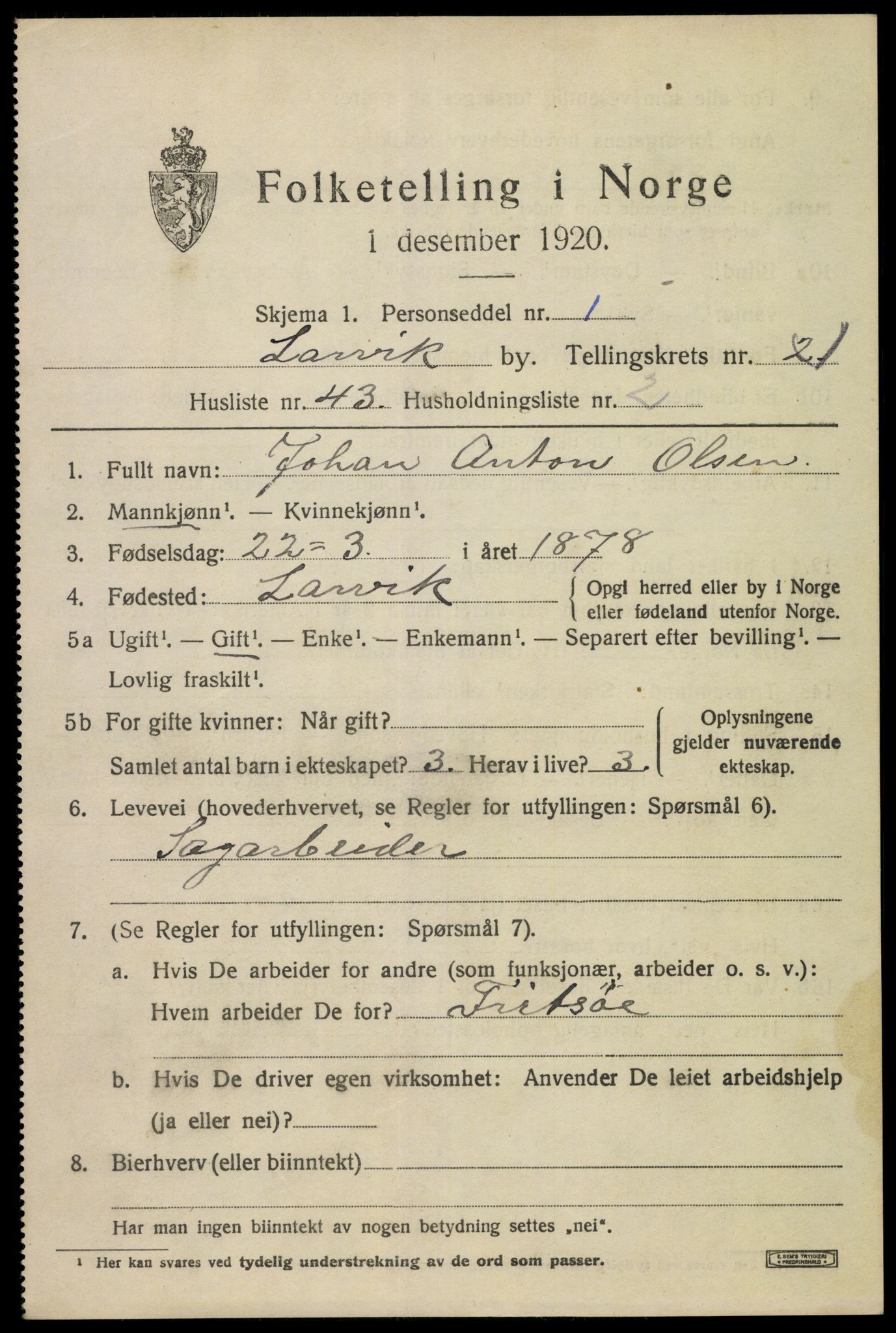 SAKO, 1920 census for Larvik, 1920, p. 9278