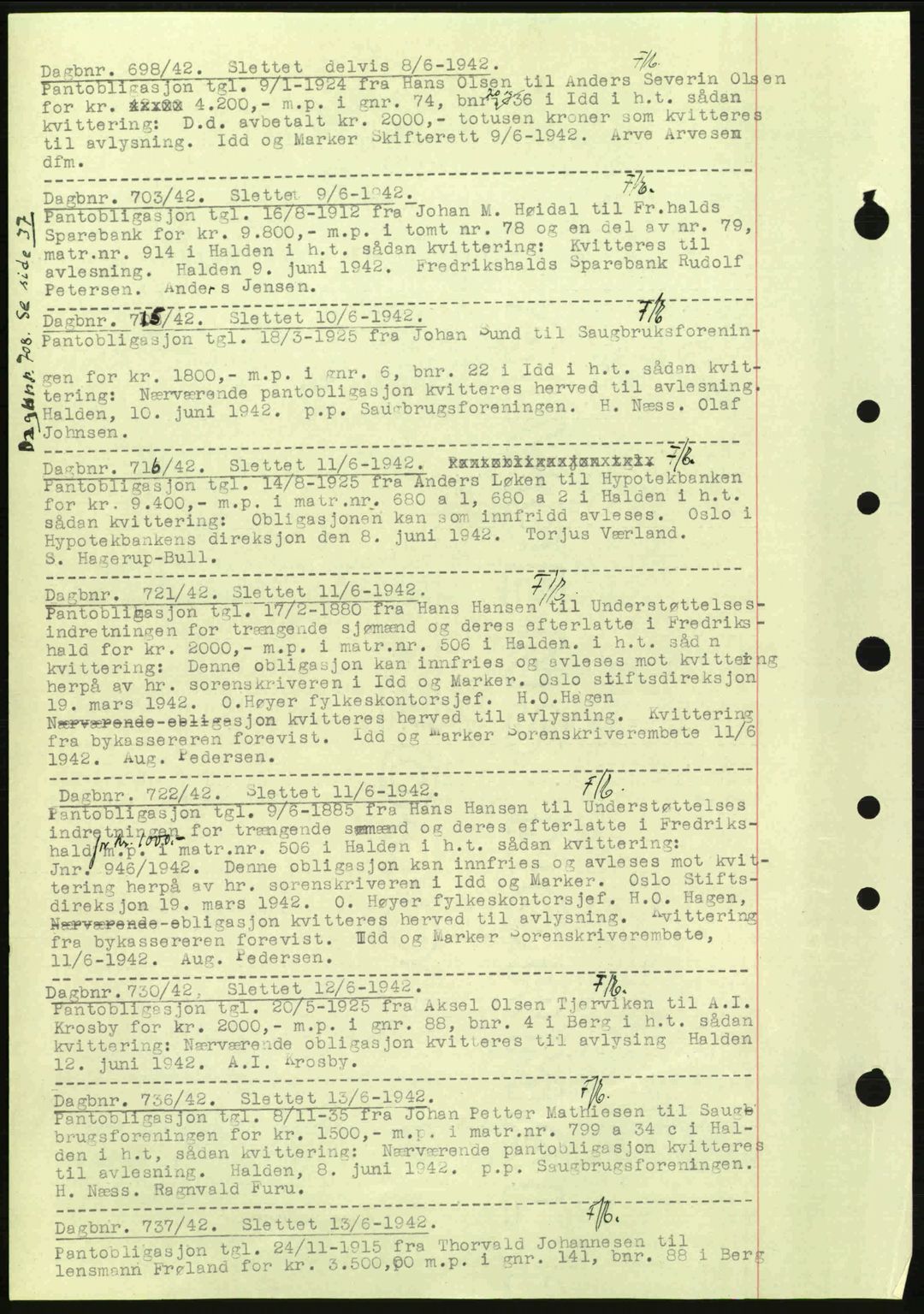 Idd og Marker sorenskriveri, AV/SAO-A-10283/G/Gb/Gbc/L0002: Mortgage book no. B4-9a, 1939-1945, Diary no: : 698/1942