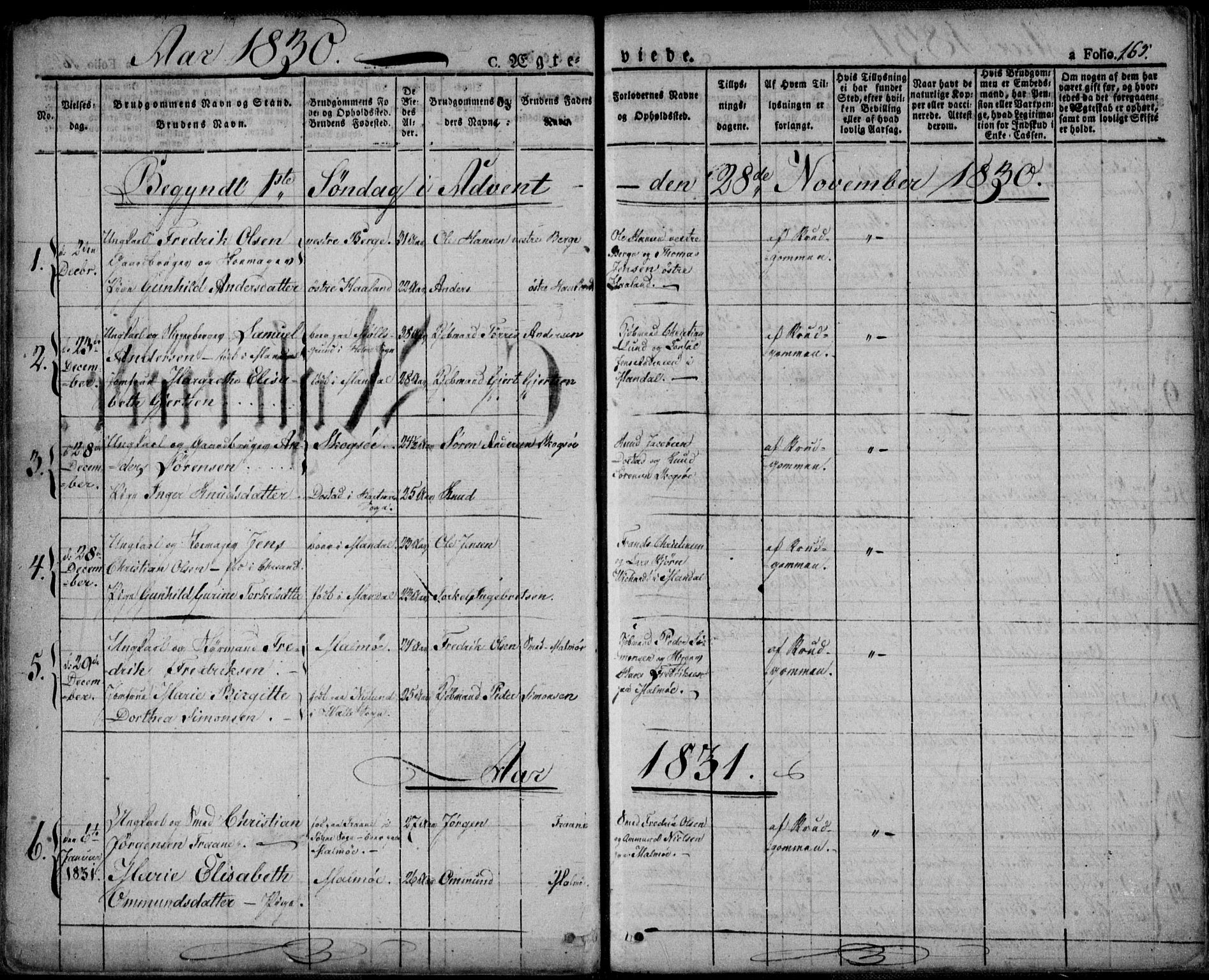 Mandal sokneprestkontor, SAK/1111-0030/F/Fa/Faa/L0011: Parish register (official) no. A 11, 1830-1839, p. 165